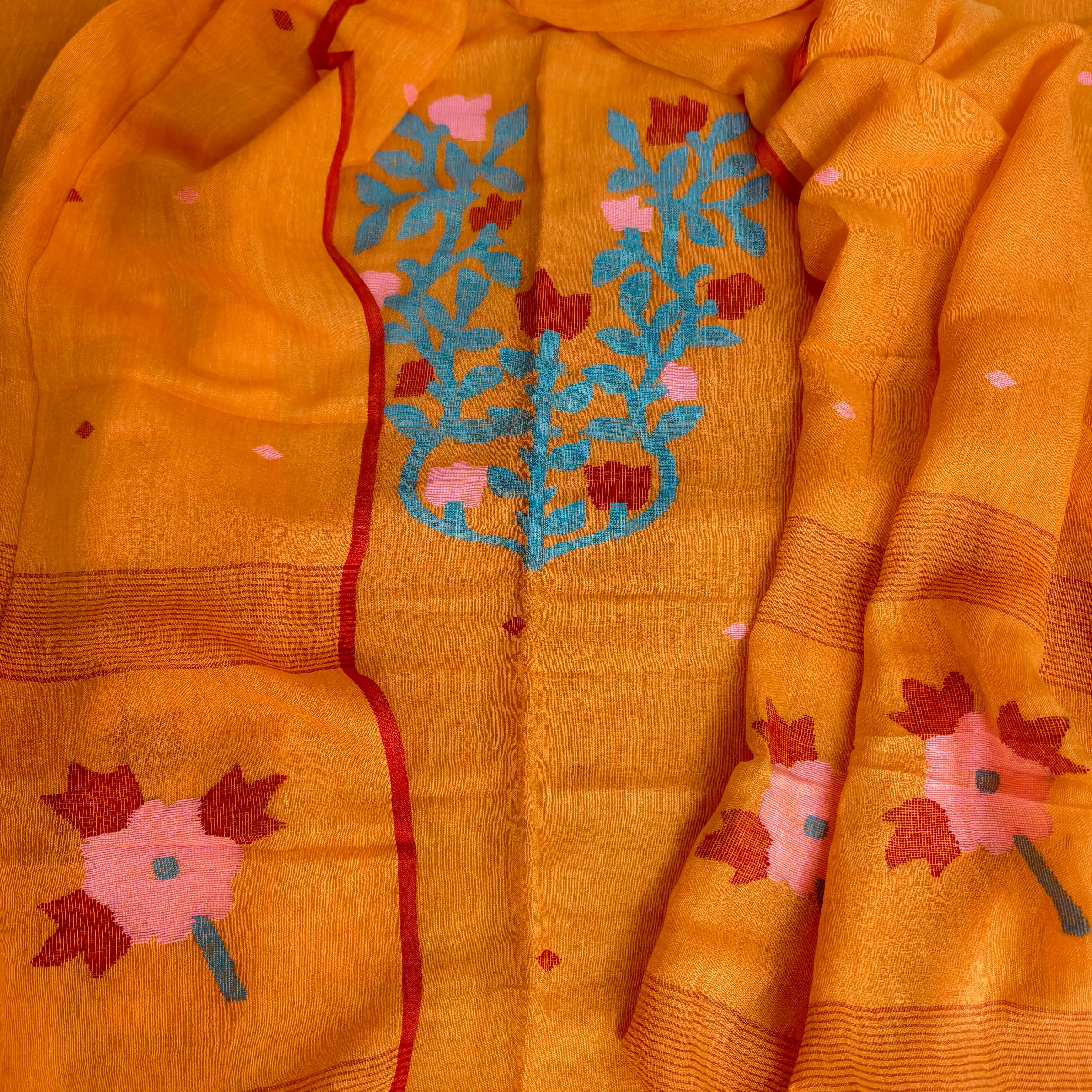 Orange Cotton Linen Kurta Dupatta set