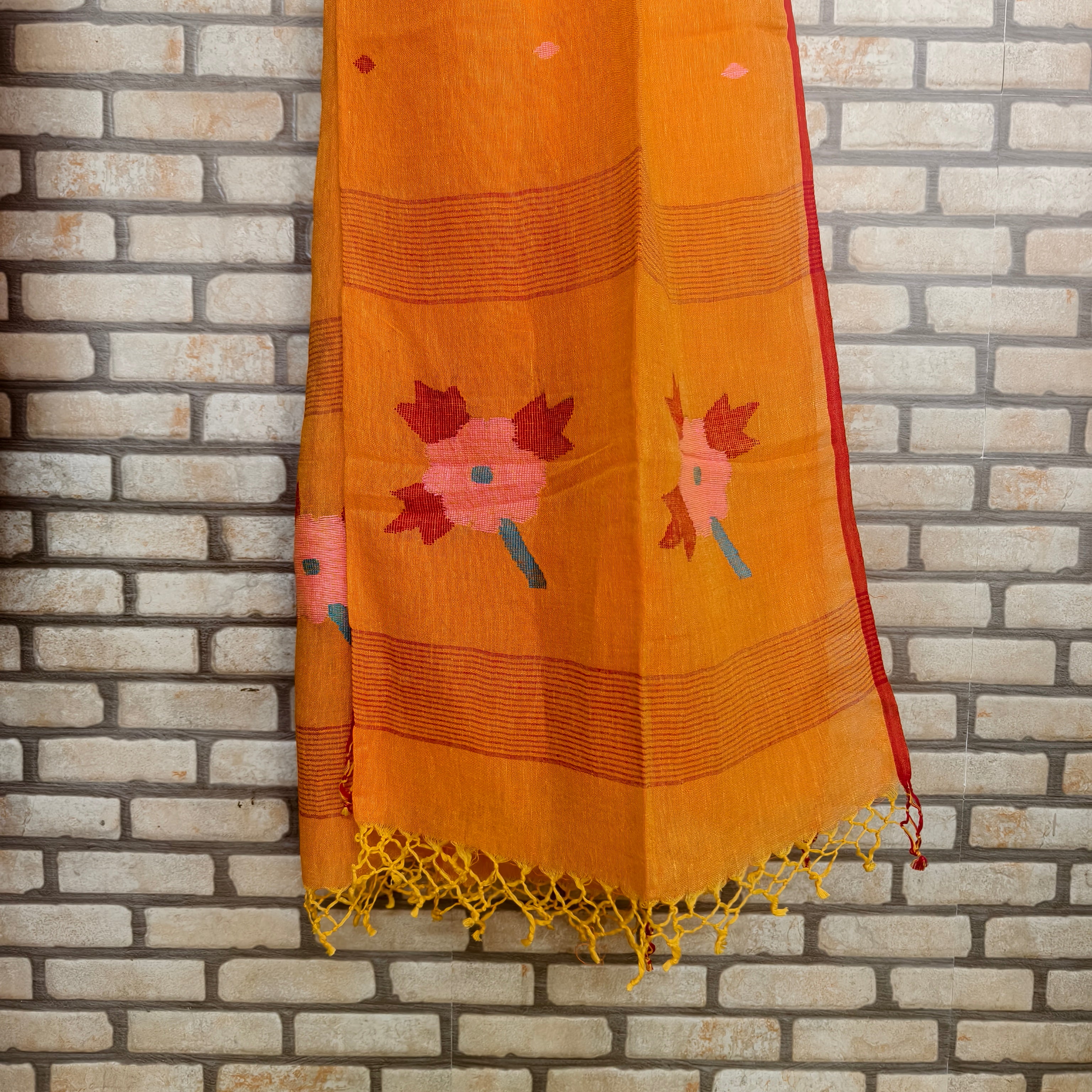 Orange Cotton Linen Kurta Dupatta set