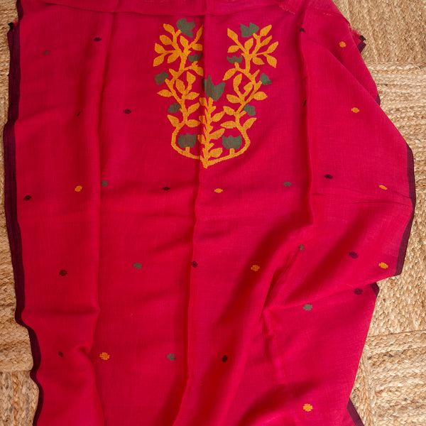 Cherry red cotton linen kurta dupatta set