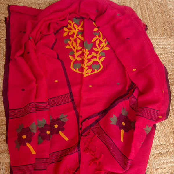Cherry red cotton linen kurta dupatta set