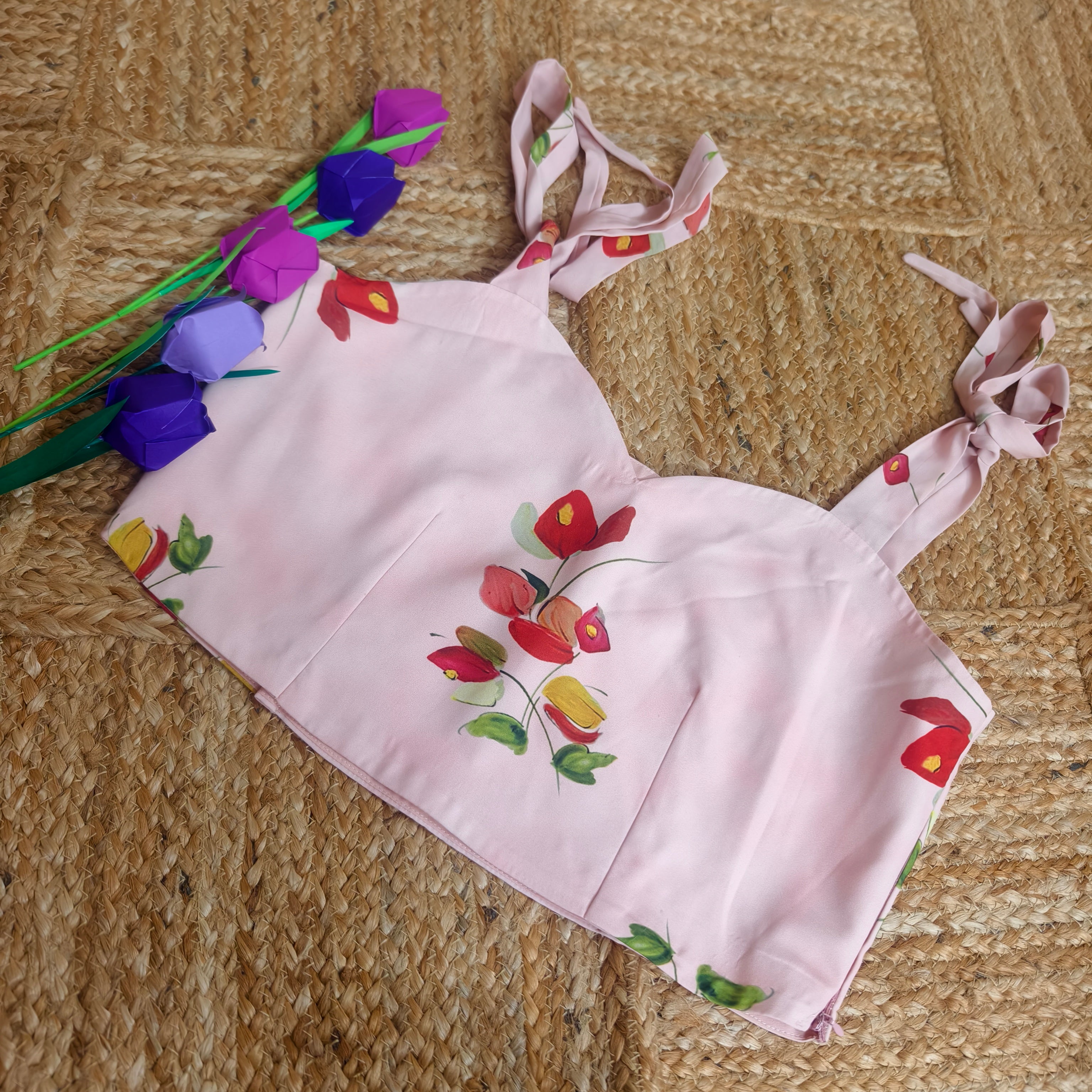 Baby pink printed casual corset with tie-up knots size 38
