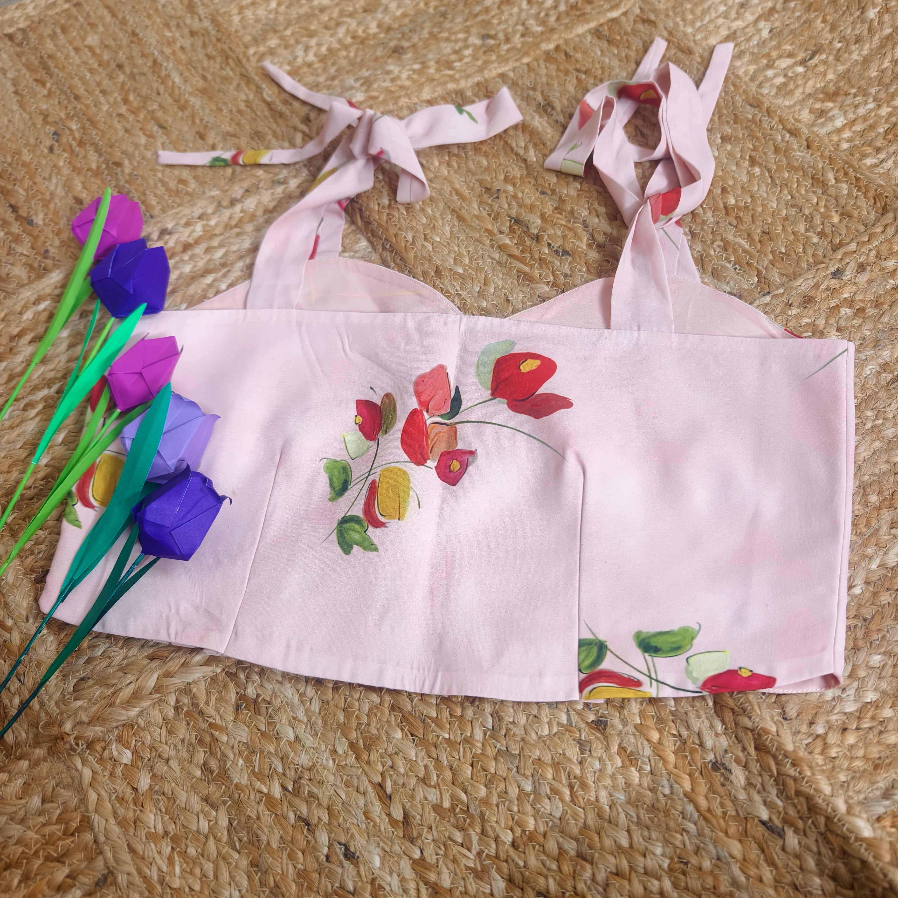Baby pink printed casual corset with tie-up knots size 38