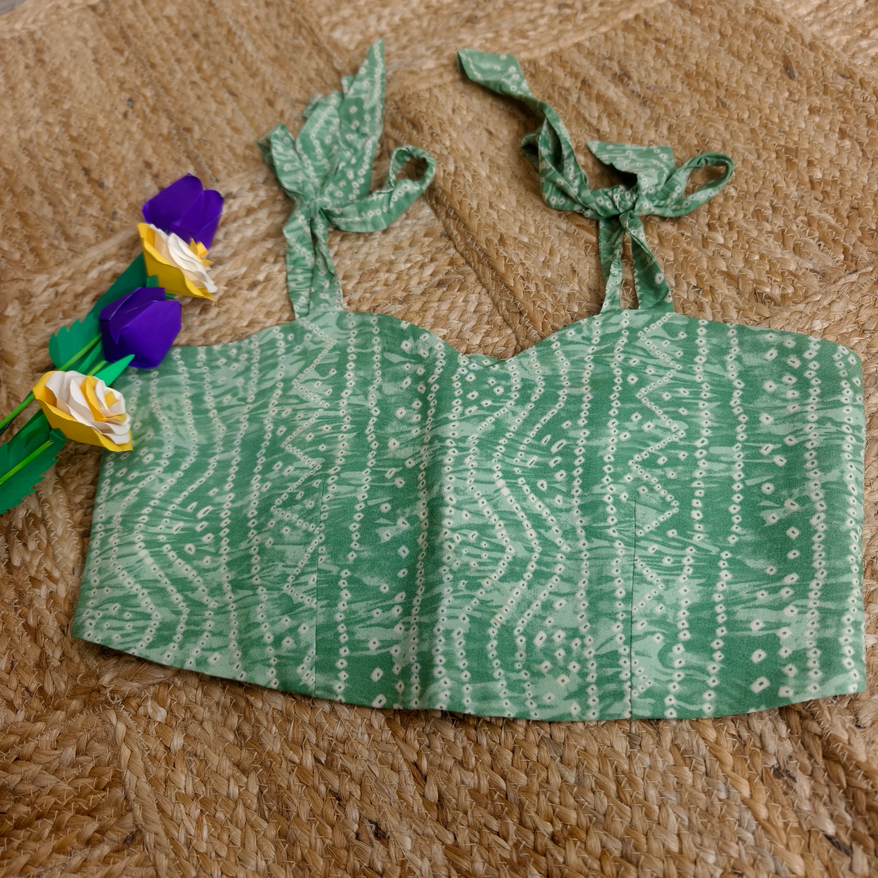 Green bandhani casual corset with tie-up knots size 36