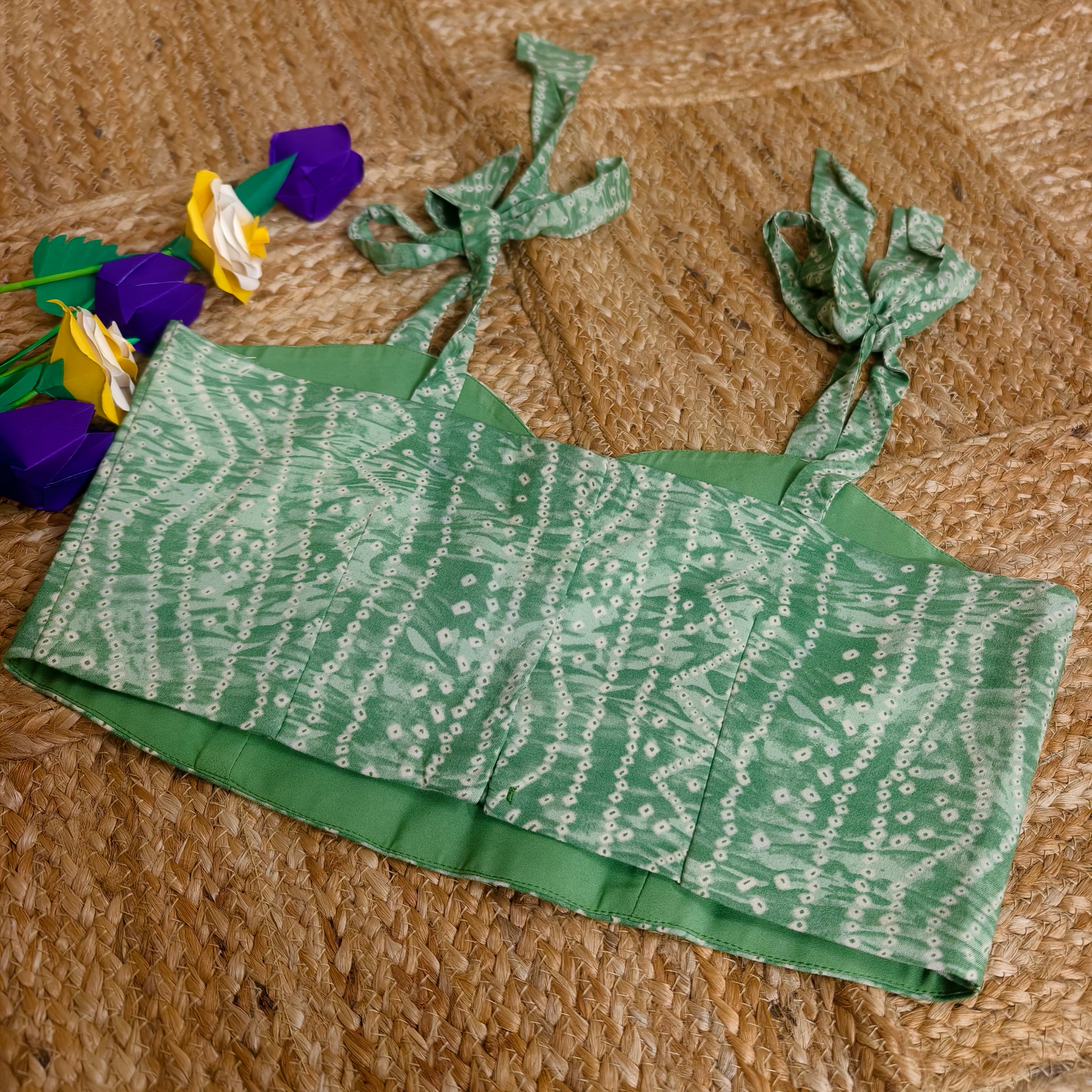 Green bandhani casual corset with tie-up knots size 36