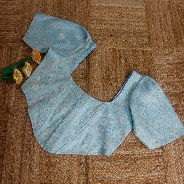 Pestal blue Banarasi brocade blouse corset with elbow puff sleeves size 38