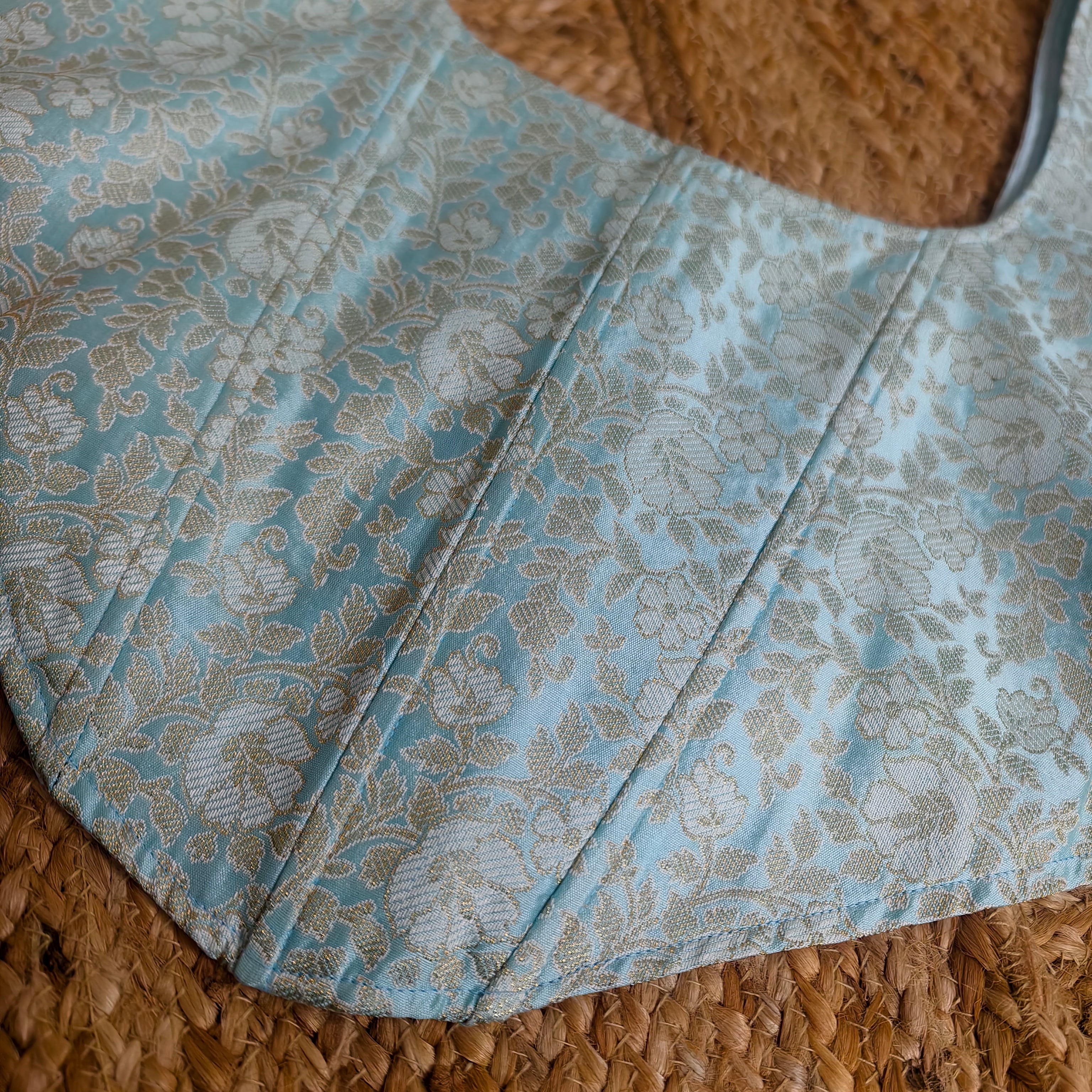 Pestal blue Banarasi brocade blouse corset with elbow puff sleeves size 38