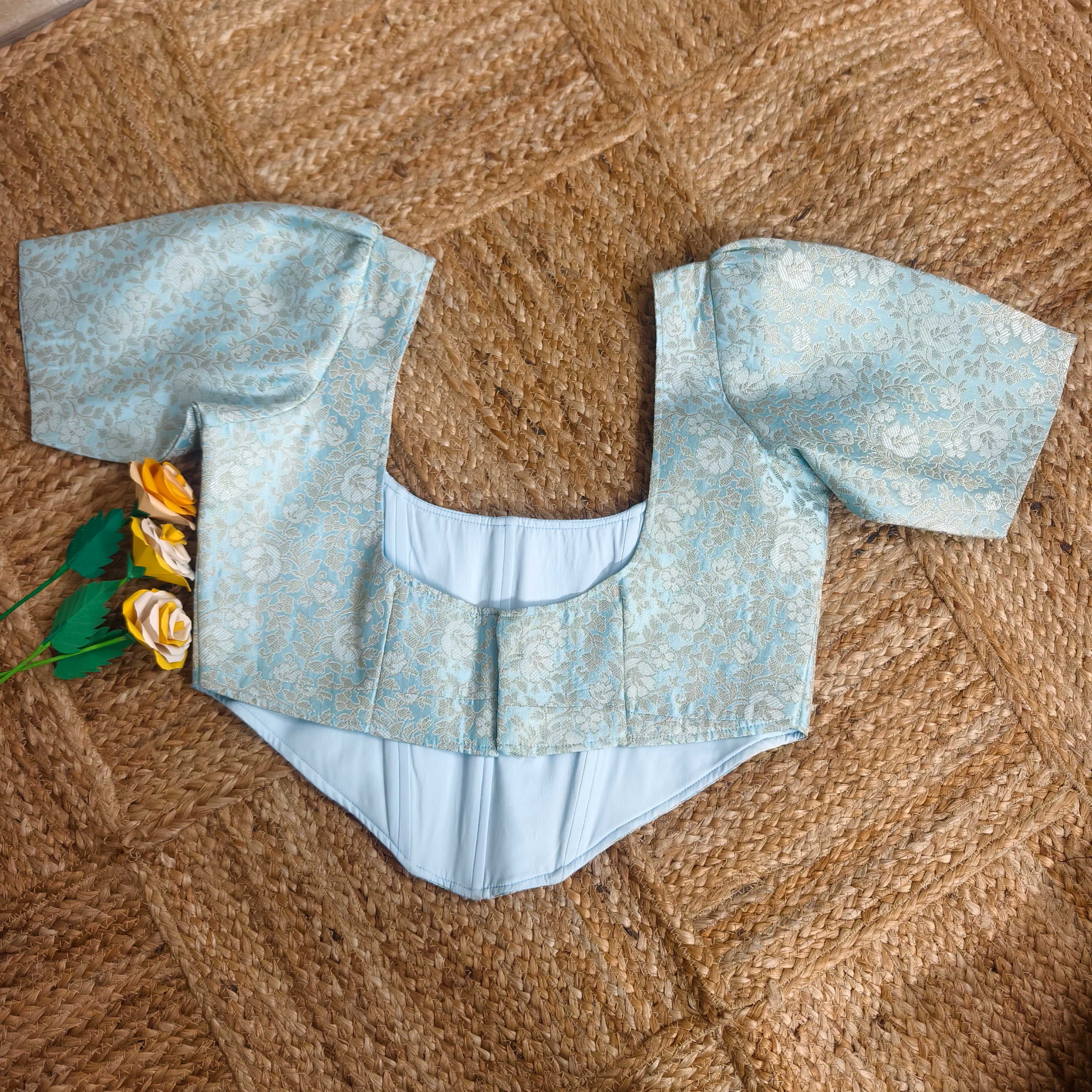 Pestal blue Banarasi brocade blouse corset with elbow puff sleeves size 38