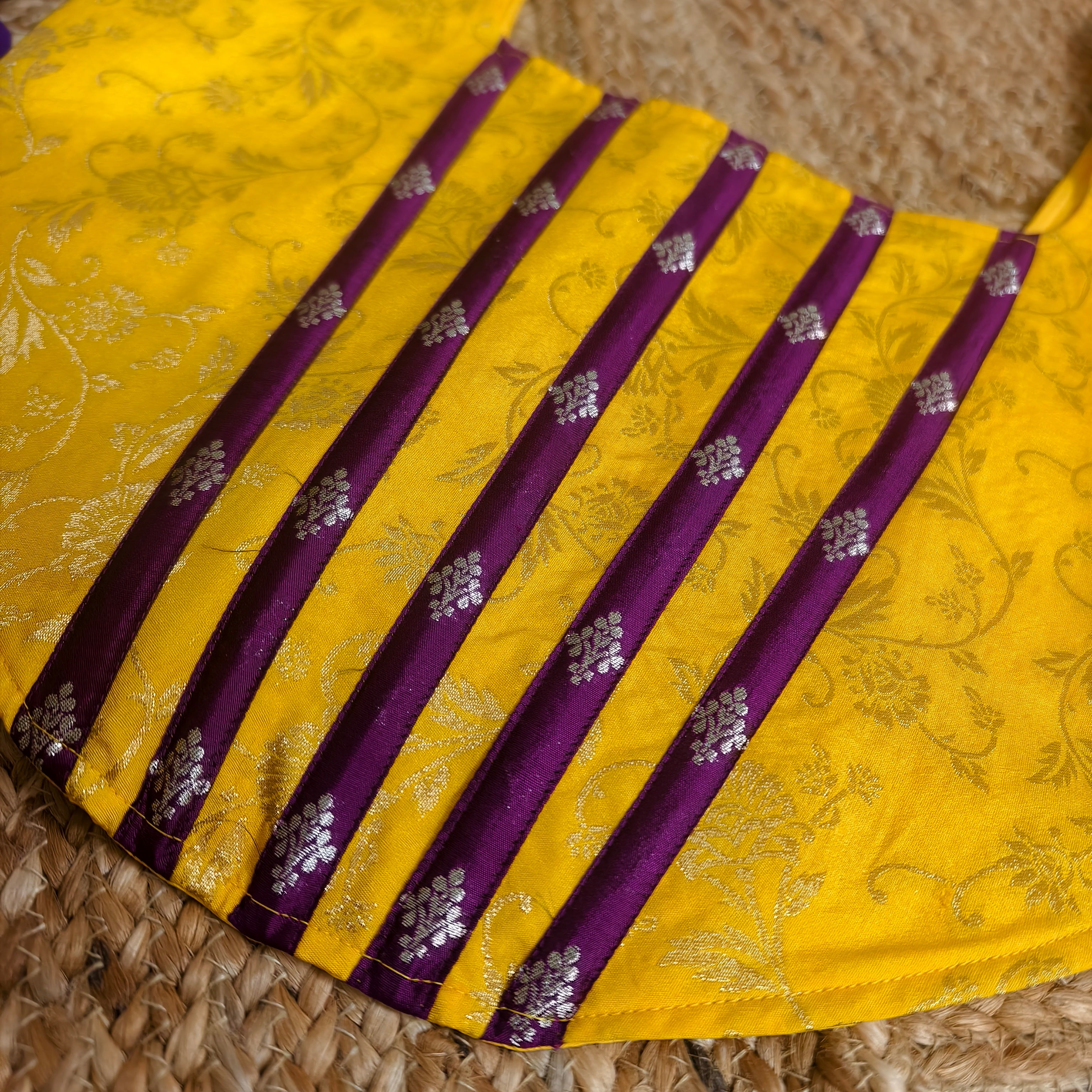 Yellow banarasi and wine brocade mix blouse corset size 36