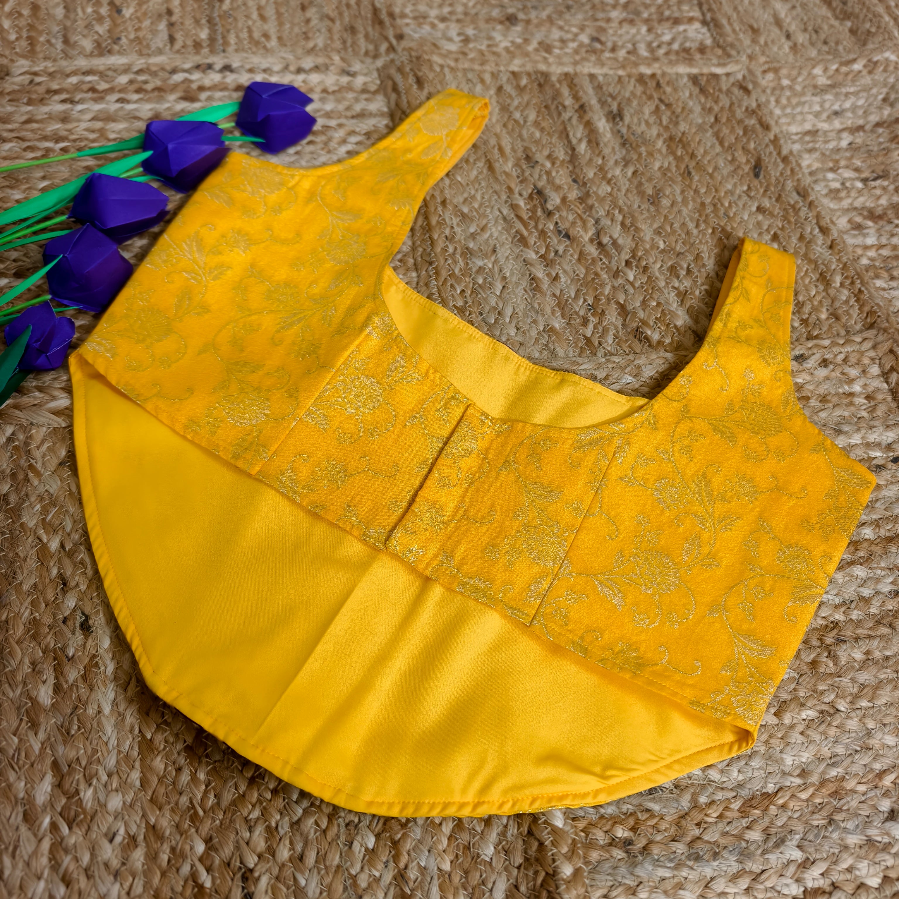 Yellow banarasi and wine brocade mix blouse corset size 36