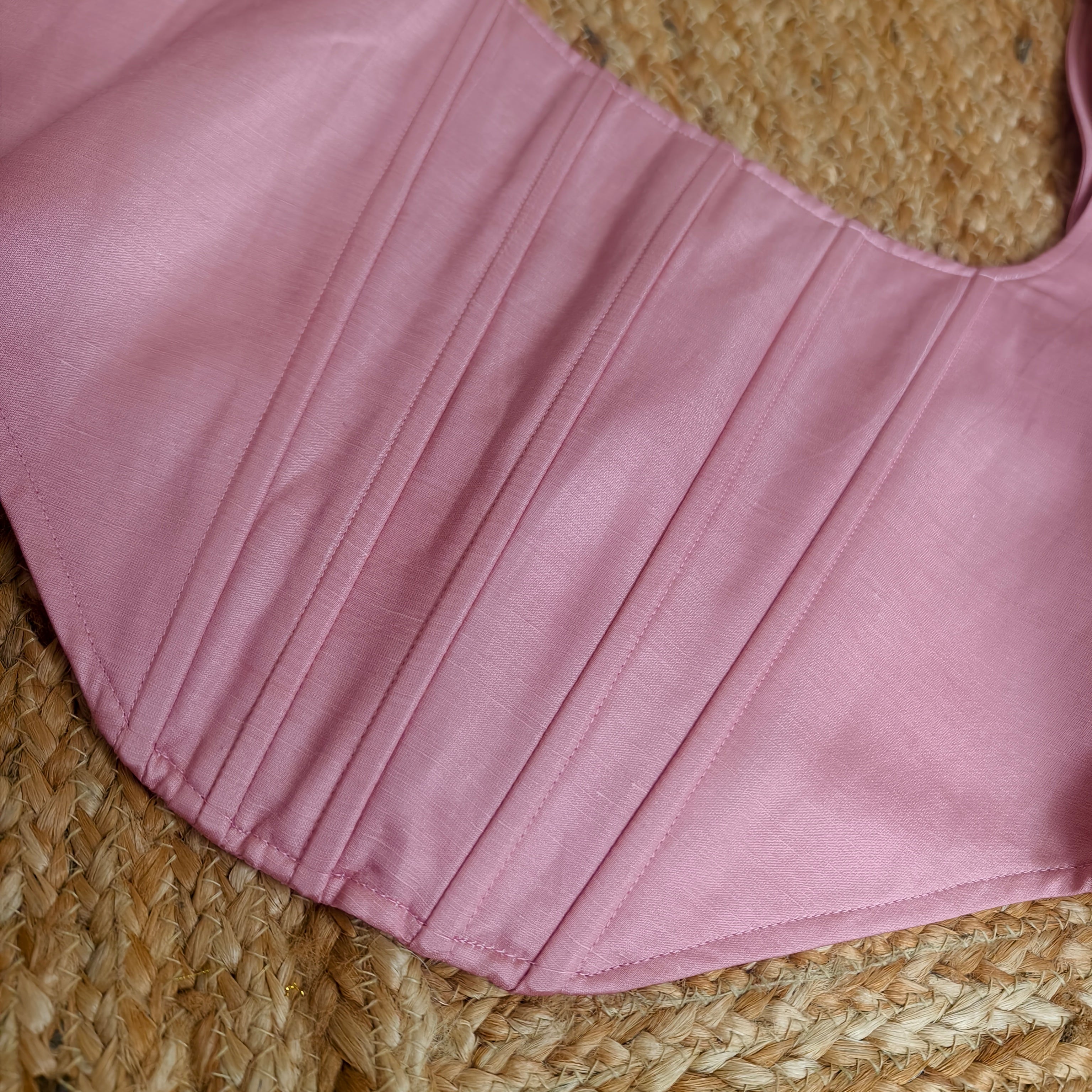 Sweet pink satin linen blouse corset with elbow sleeves pleatpatti size 40
