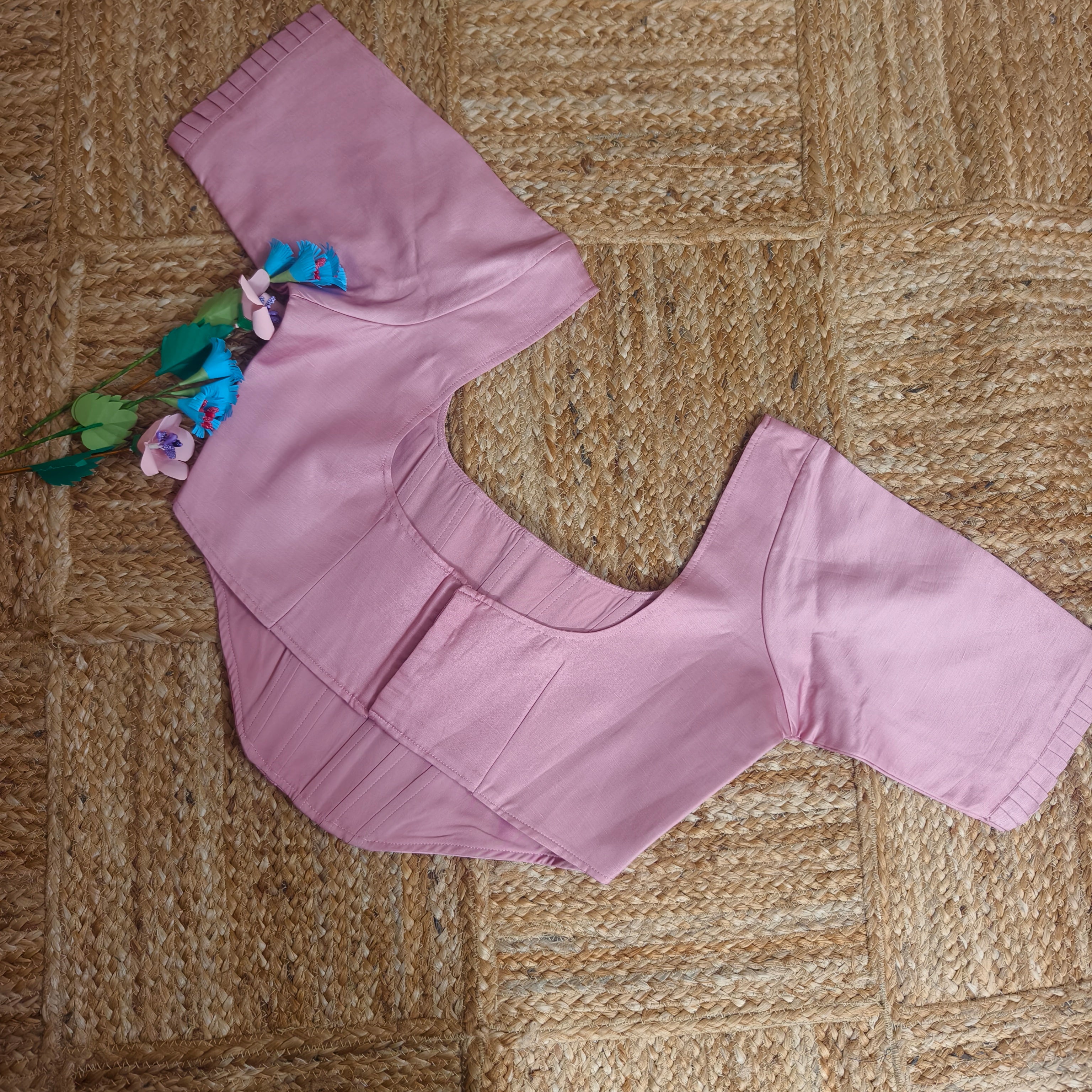 Sweet pink satin linen blouse corset with elbow sleeves pleatpatti size 40
