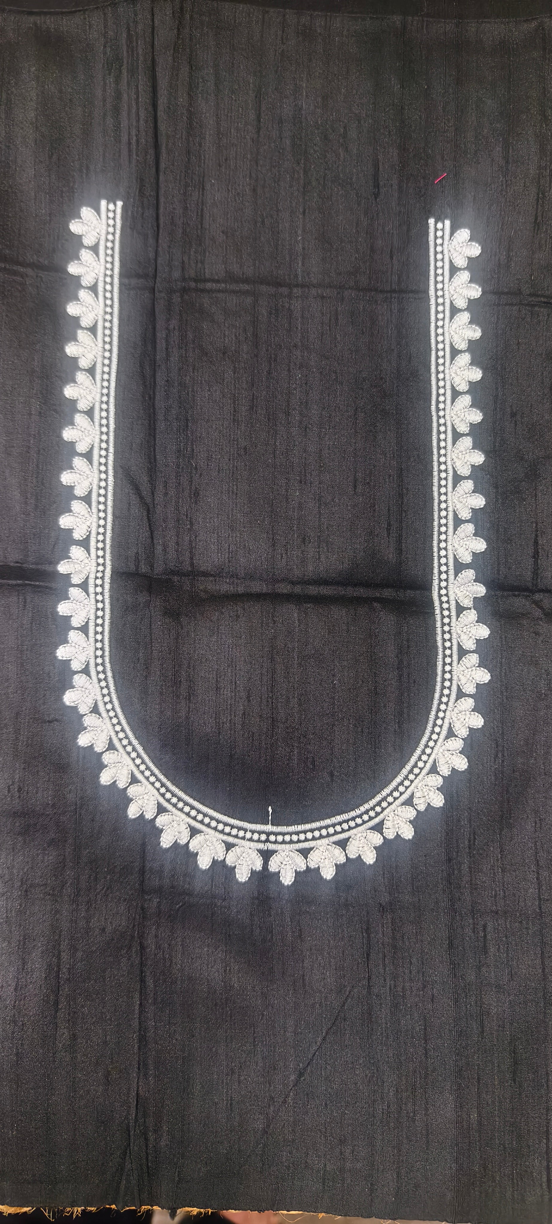 Black raw silk blouse piece with white embroidered