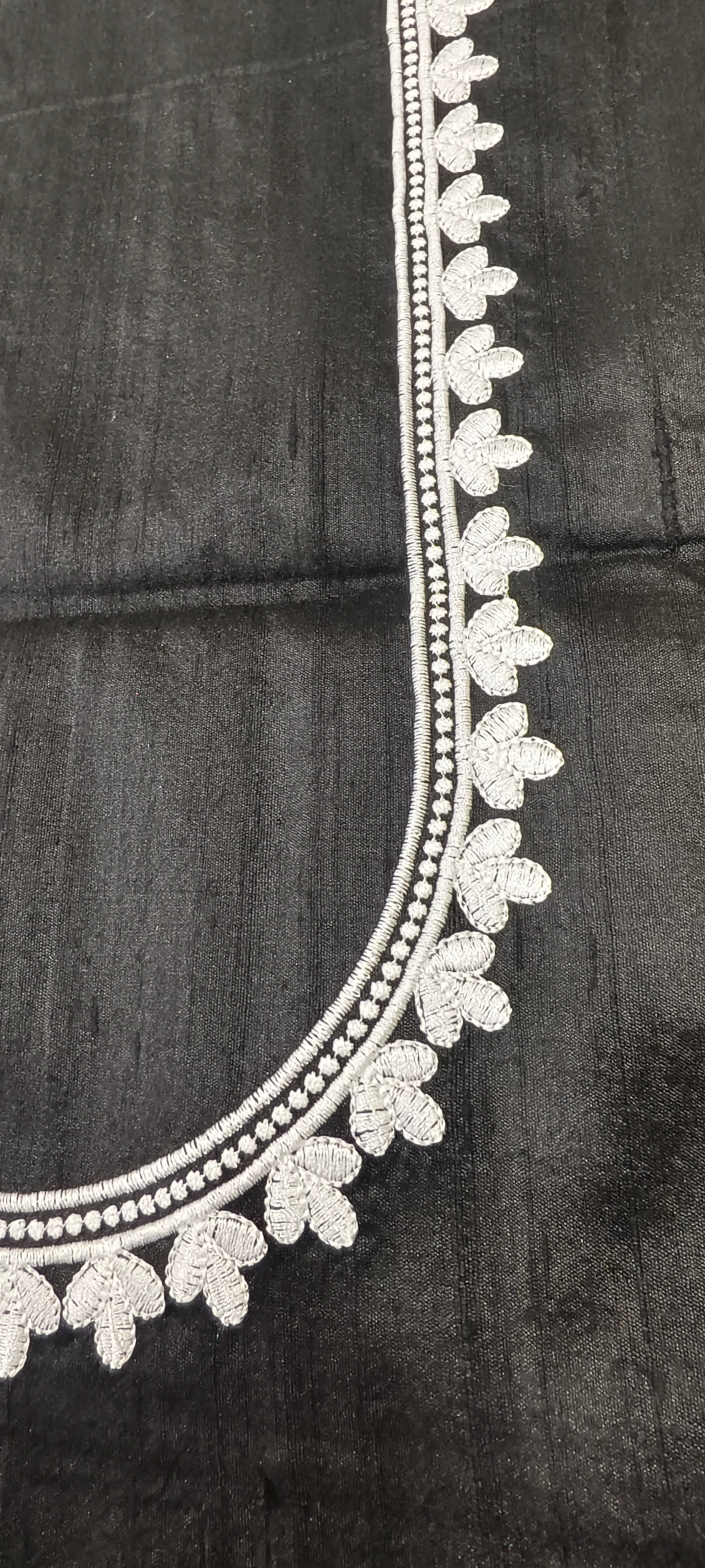 Black raw silk blouse piece with white embroidered