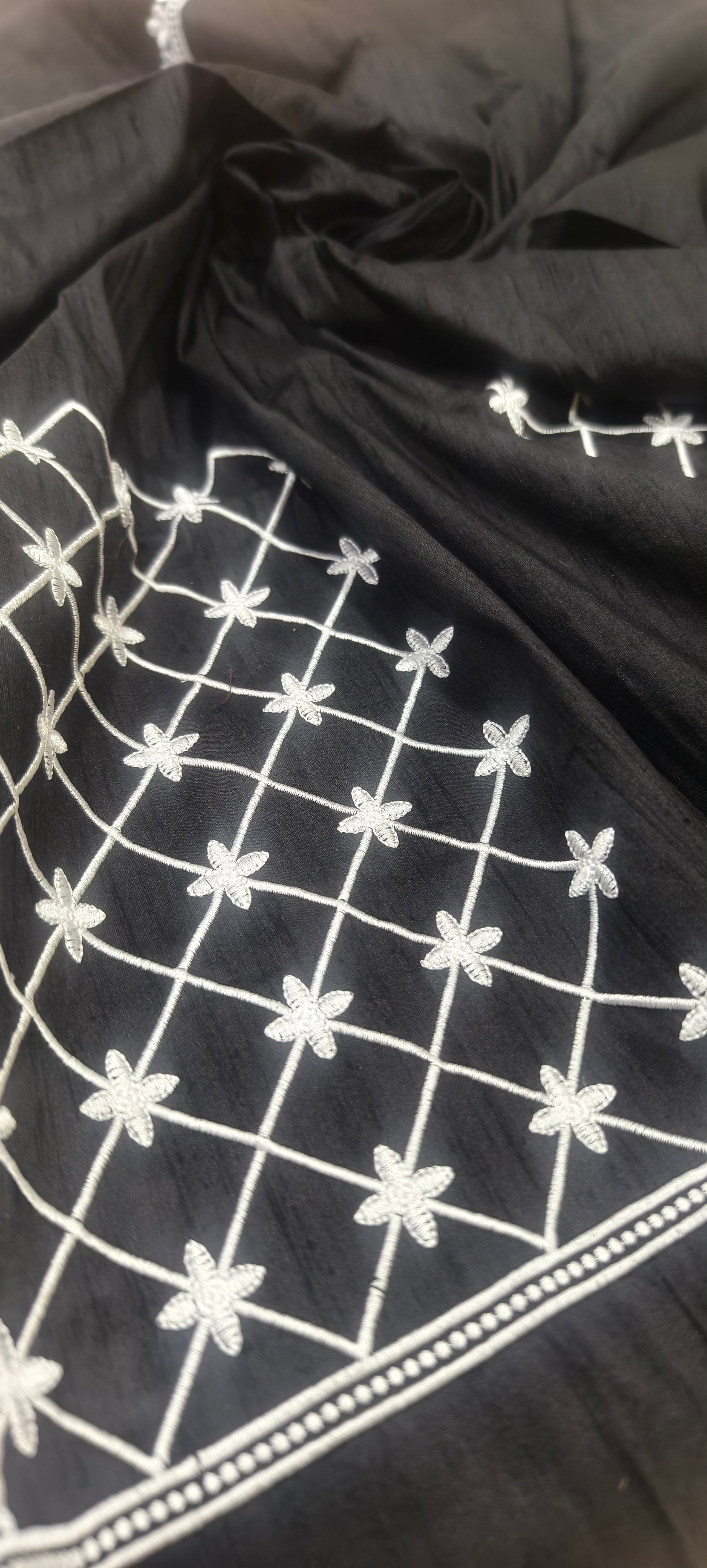Black raw silk blouse piece with white embroidered