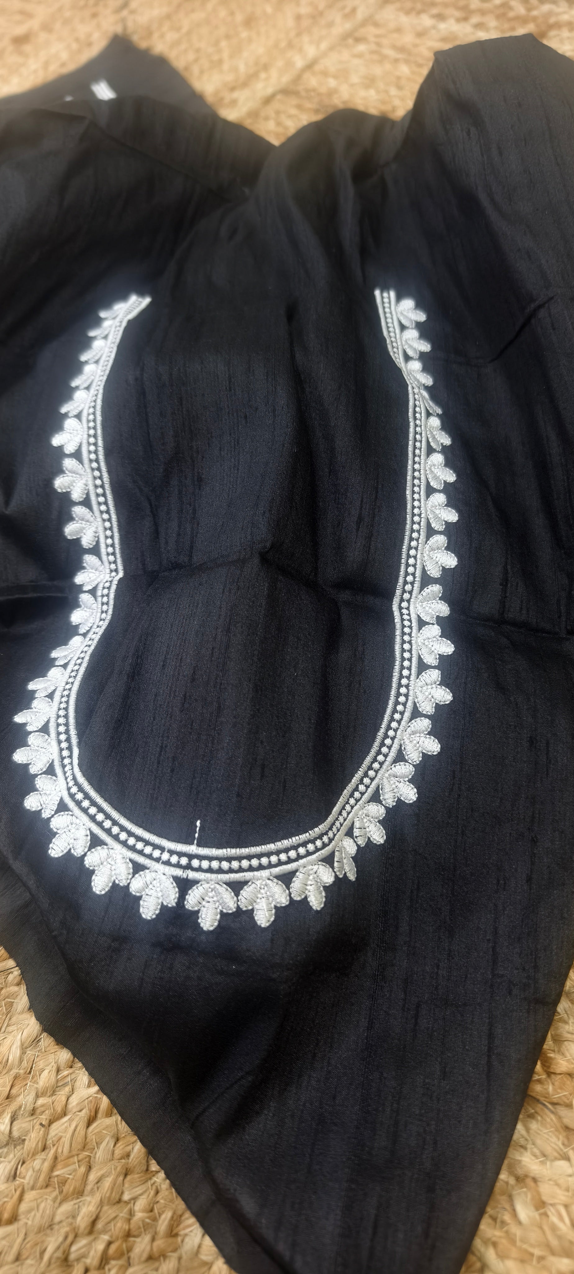 Black raw silk blouse piece with white embroidered