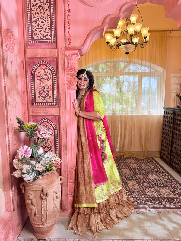 Checkered Green Khadi Silk Ghagra Choli