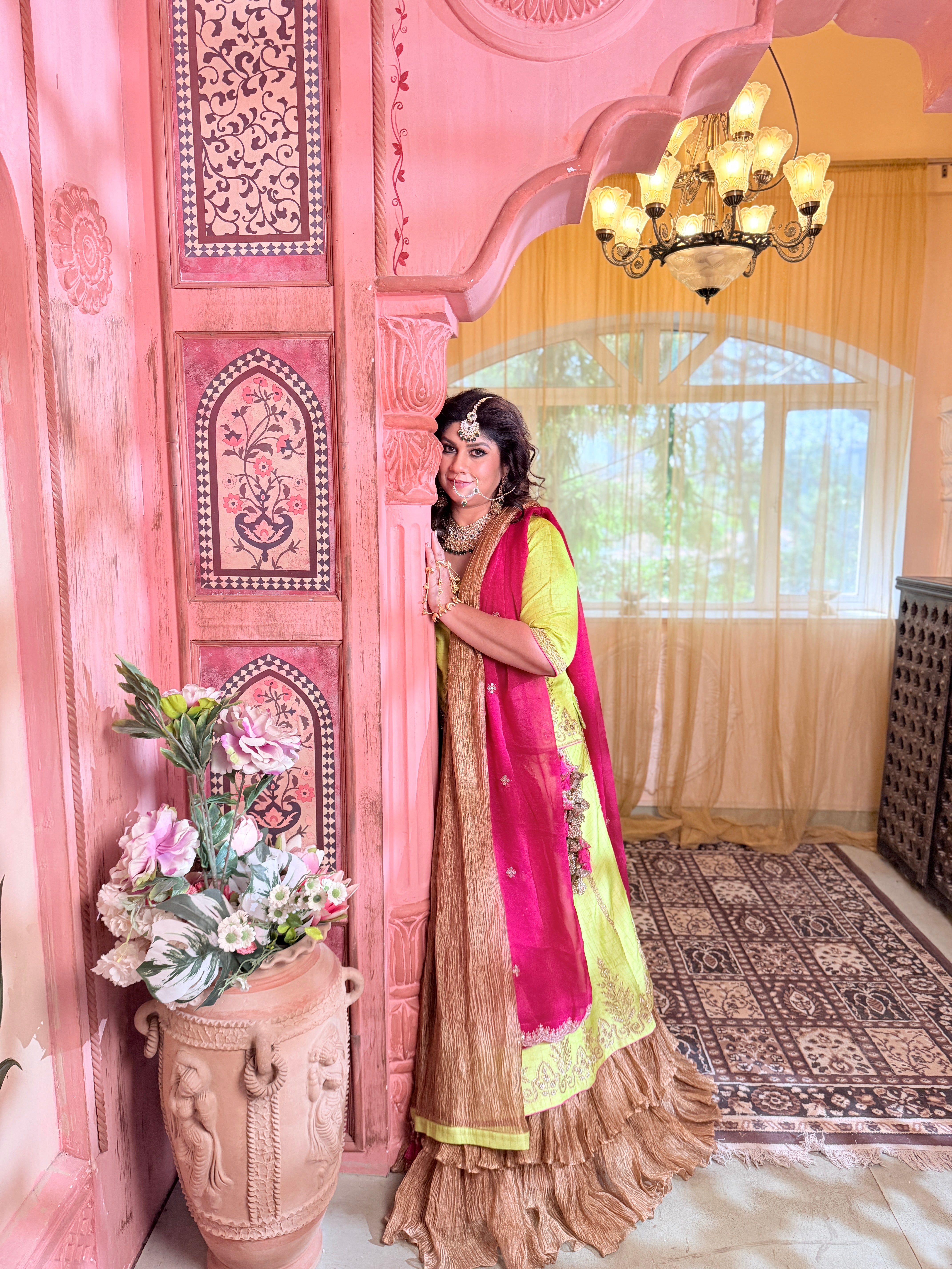 Checkered Green Khadi Silk Ghagra Choli