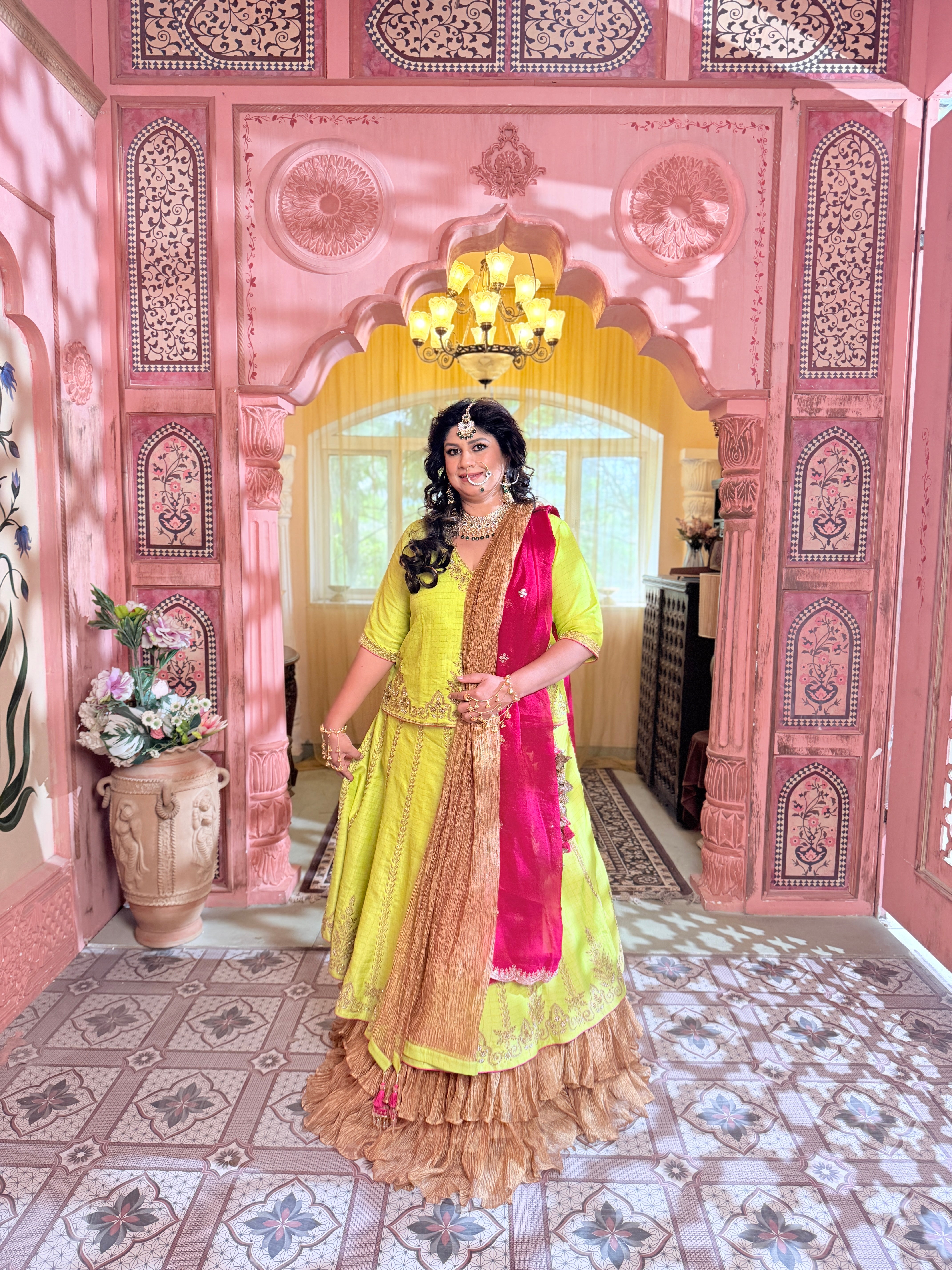 Checkered Green Khadi Silk Ghagra Choli