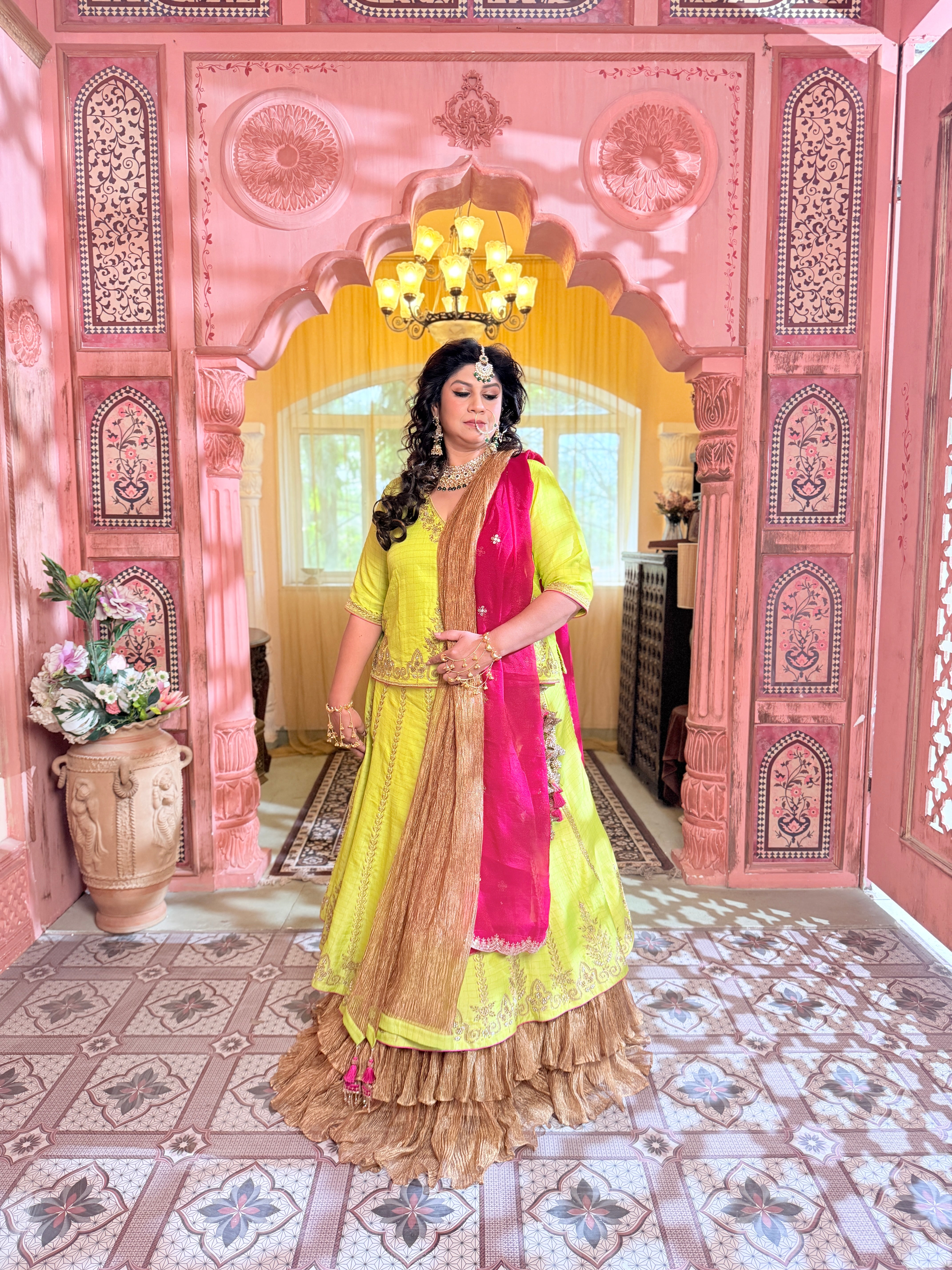 Checkered Green Khadi Silk Ghagra Choli