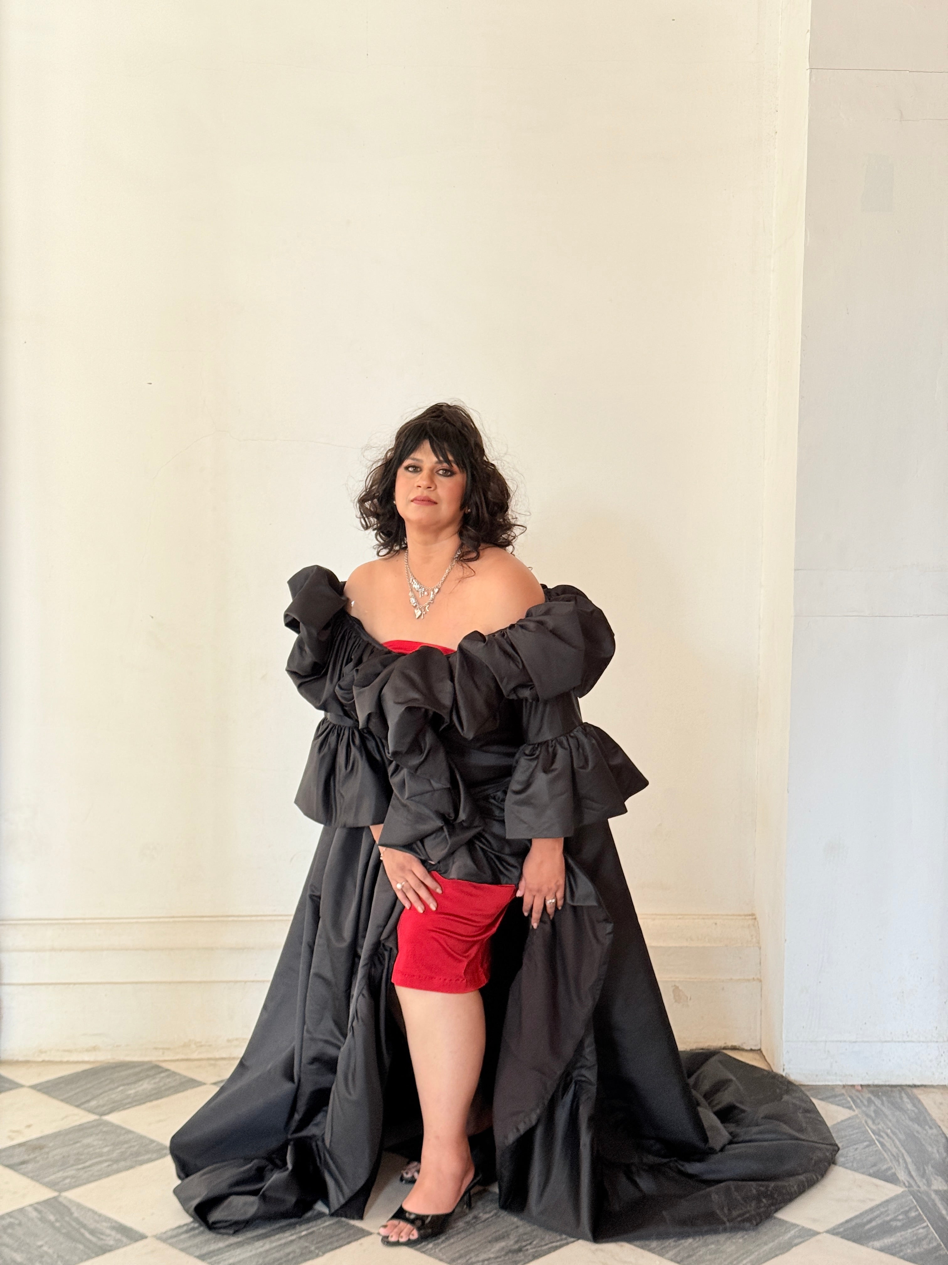 Black satin cape with red stretchable satin Lycra one piece