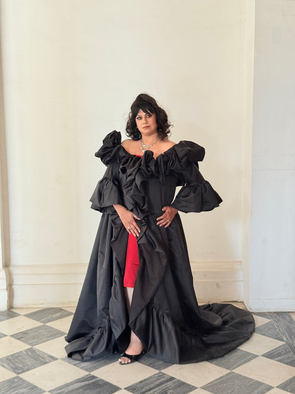 Black satin cape with red stretchable satin Lycra one piece