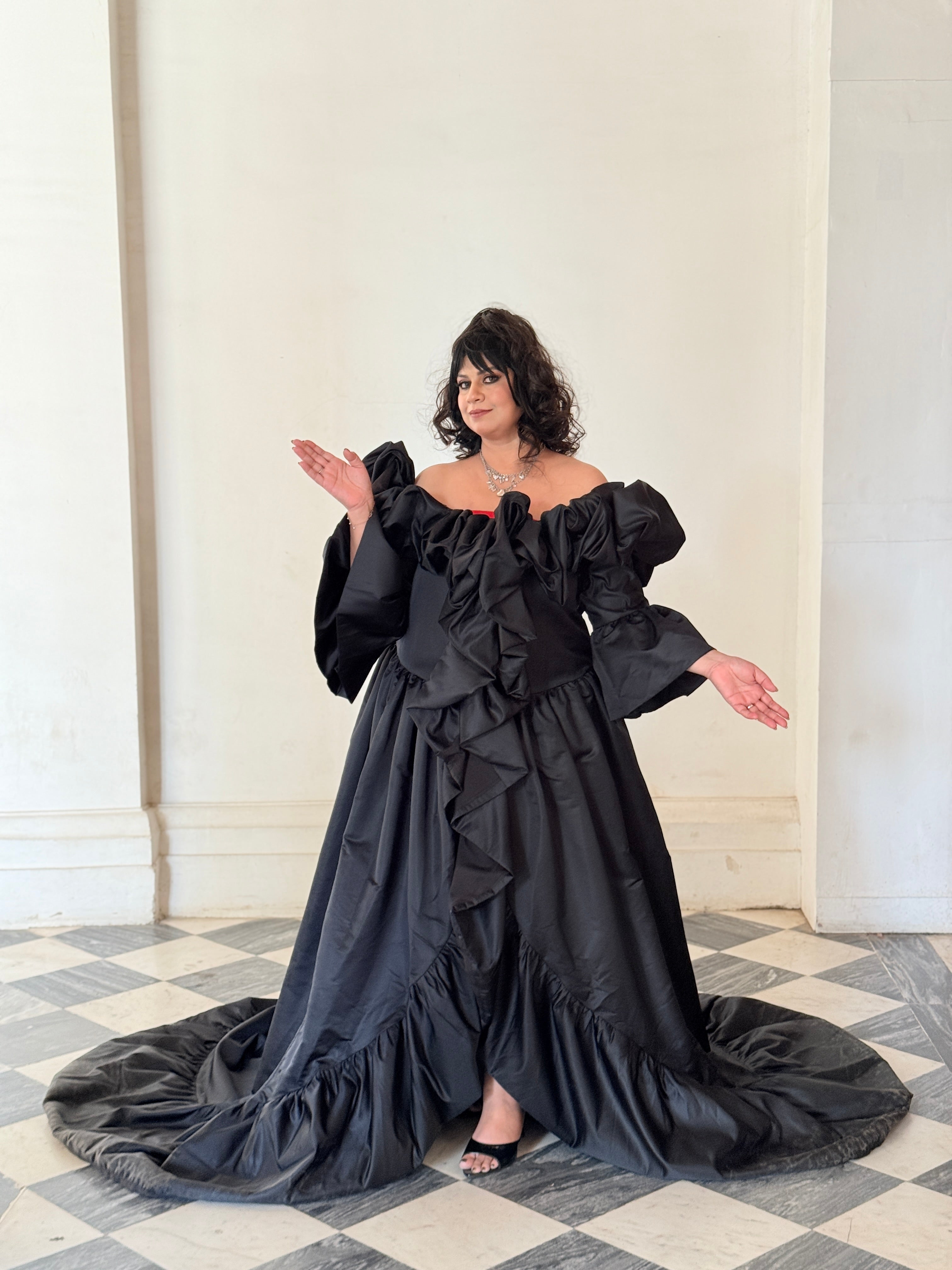 Black satin cape with red stretchable satin Lycra one piece