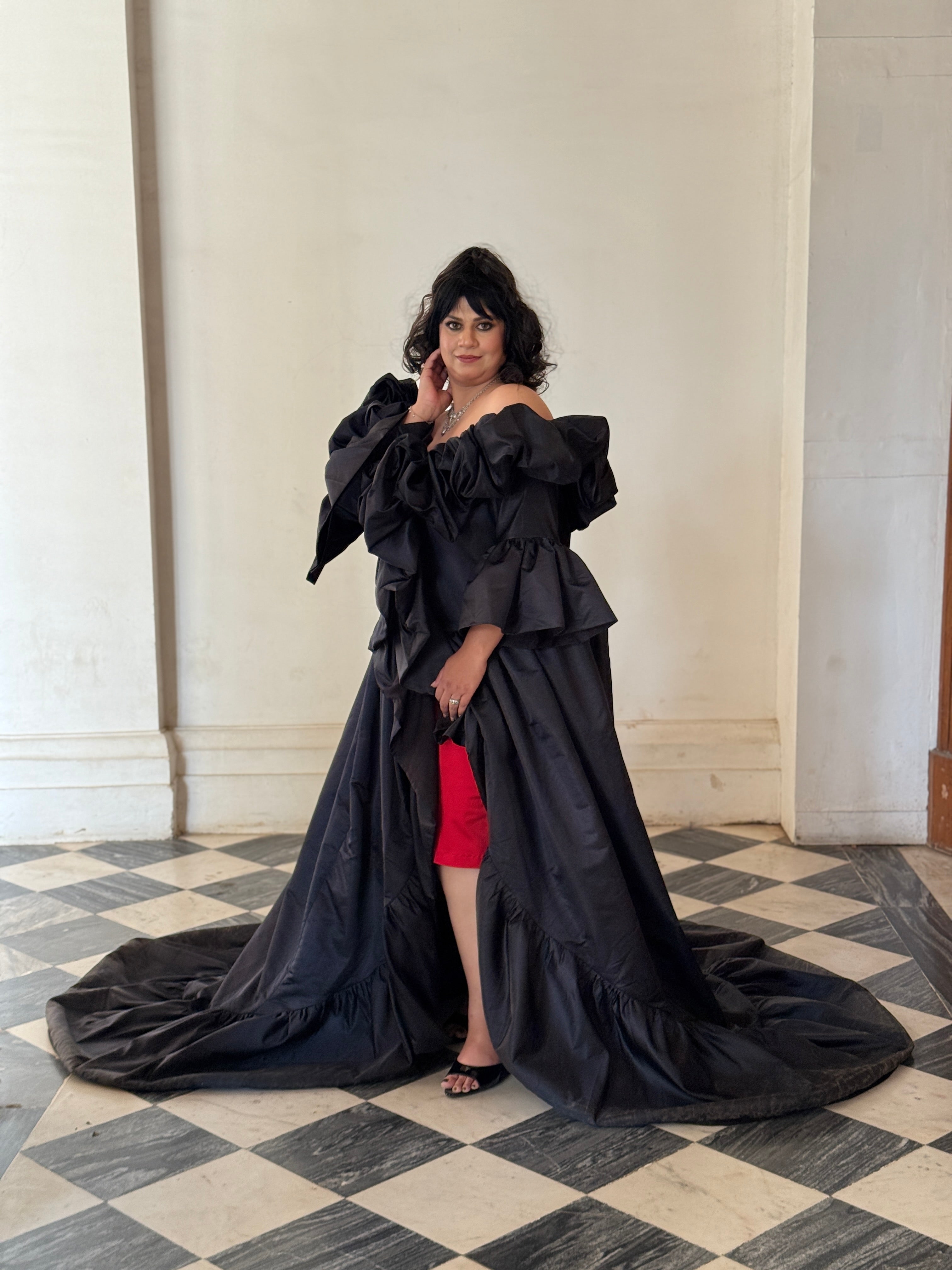 Black satin cape with red stretchable satin Lycra one piece