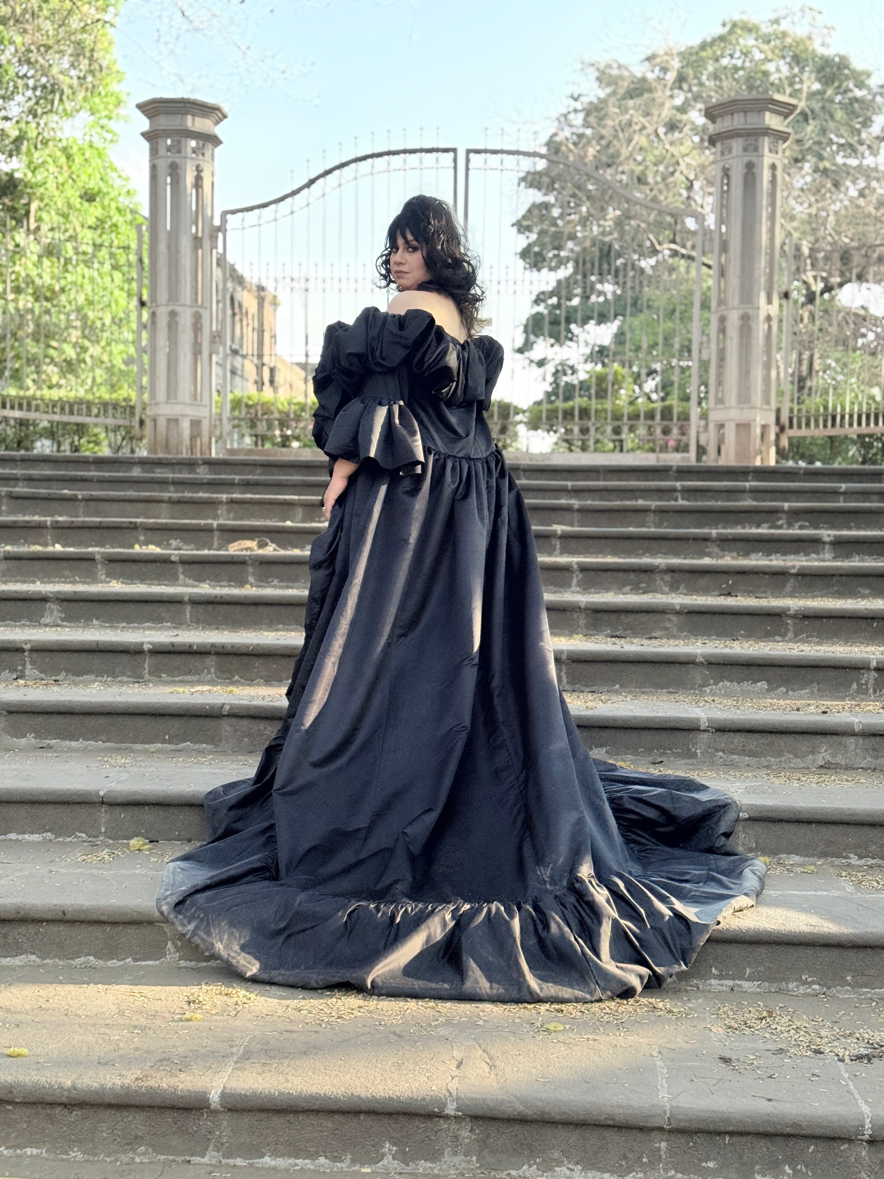 Black satin cape with red stretchable satin Lycra one piece