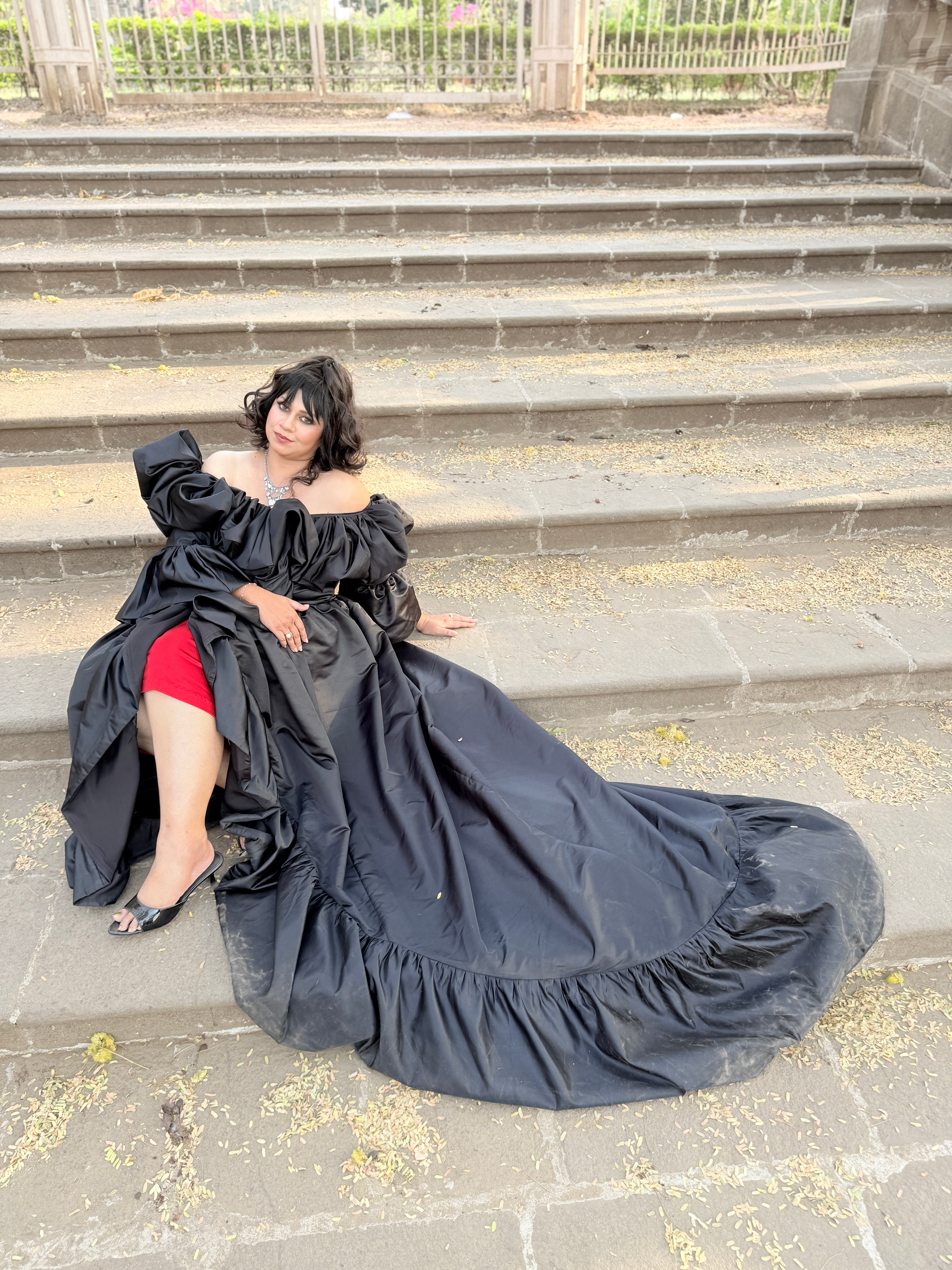 Black satin cape with red stretchable satin Lycra one piece
