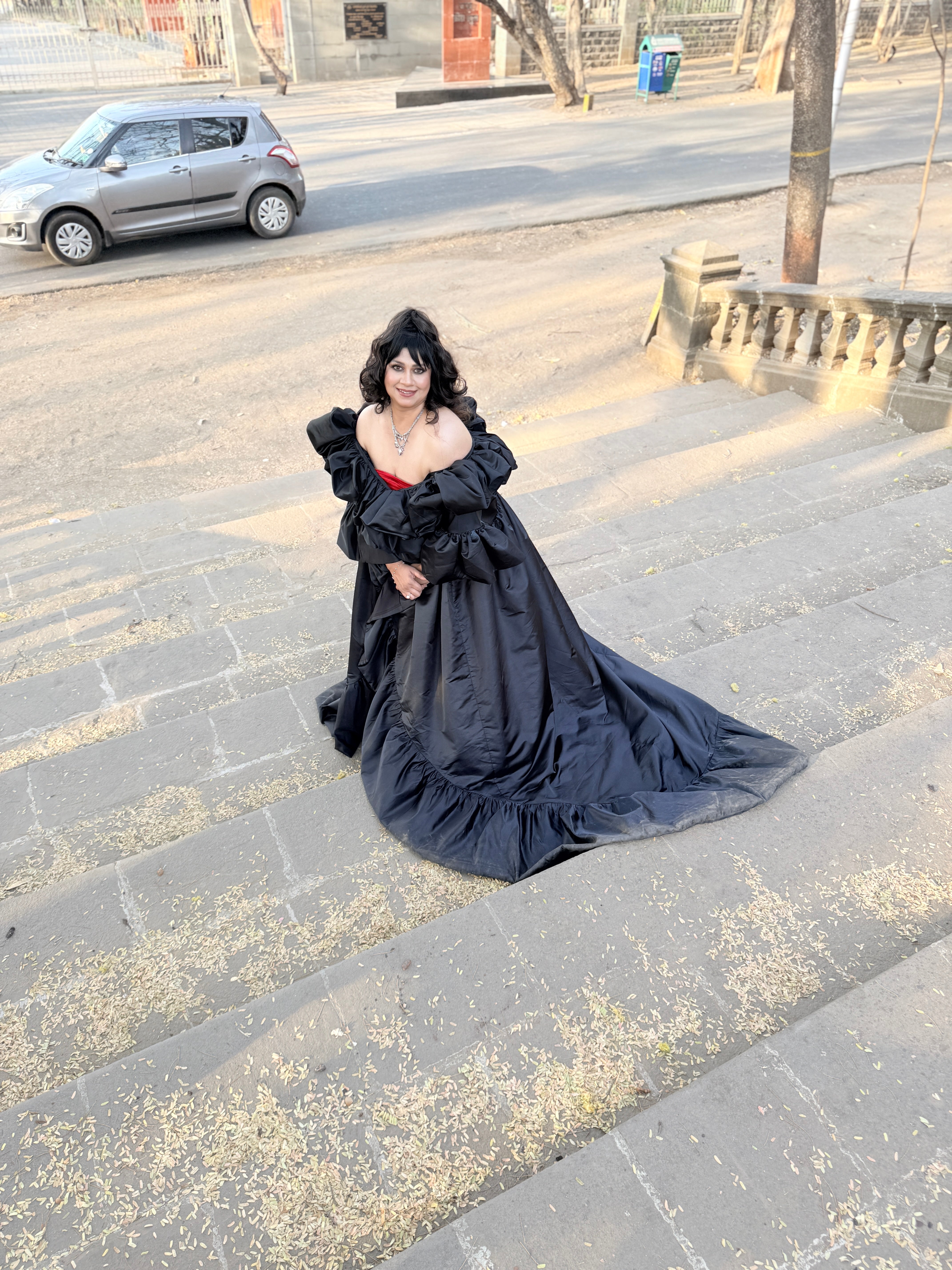 Black satin cape with red stretchable satin Lycra one piece