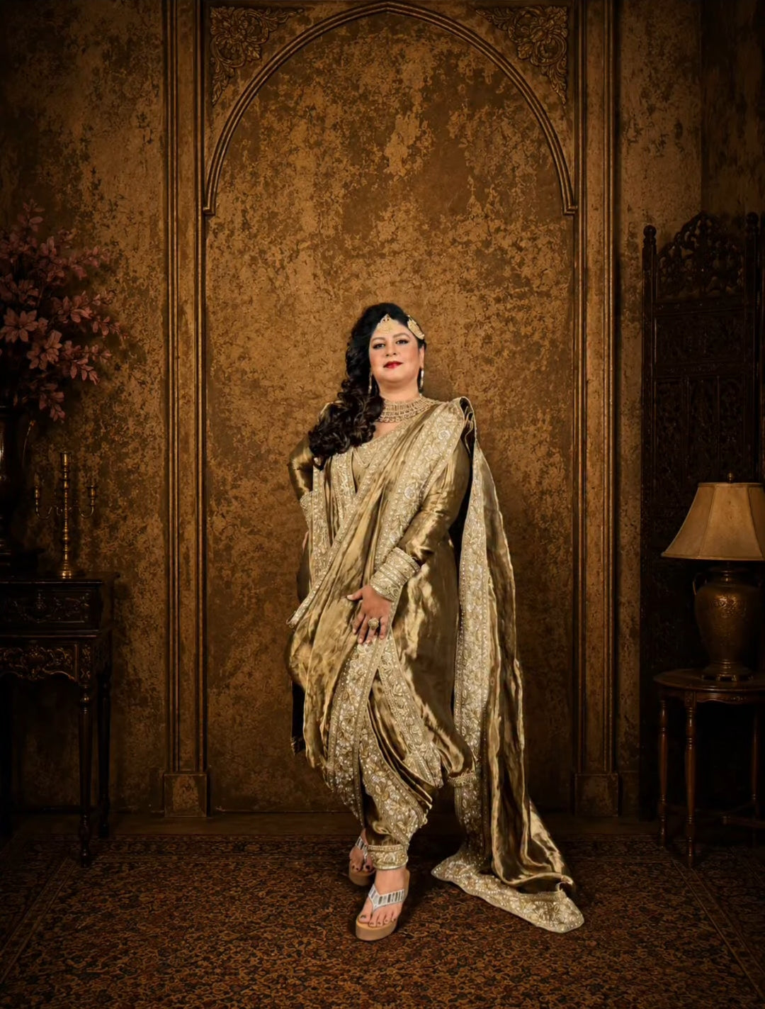 Antique silk tissue kurta dhoti suit with a wrap around saree