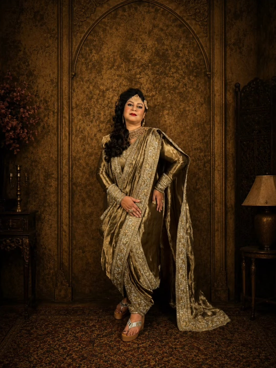 Antique silk tissue kurta dhoti suit with a wrap around saree