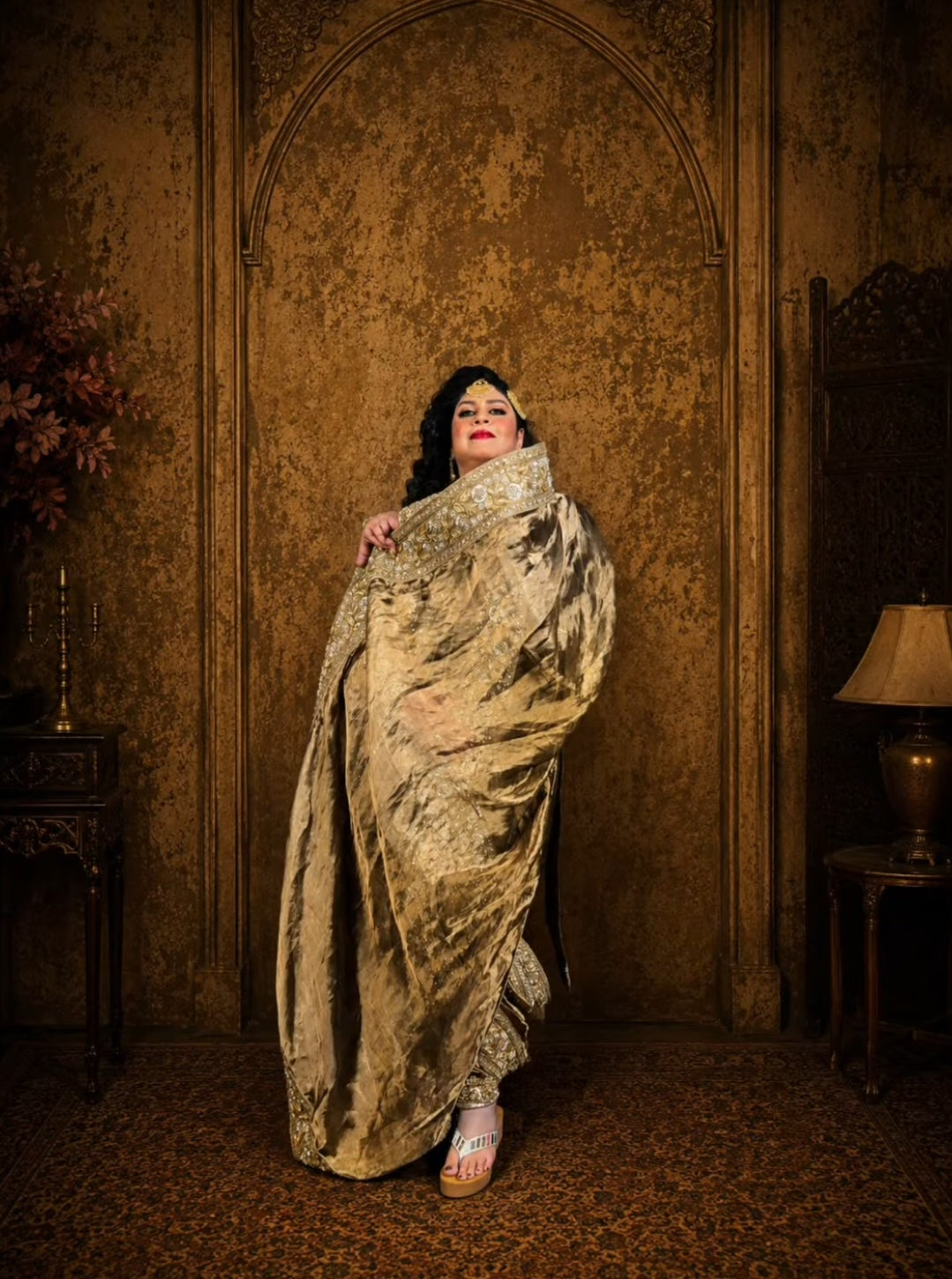 Antique silk tissue kurta dhoti suit with a wrap around saree
