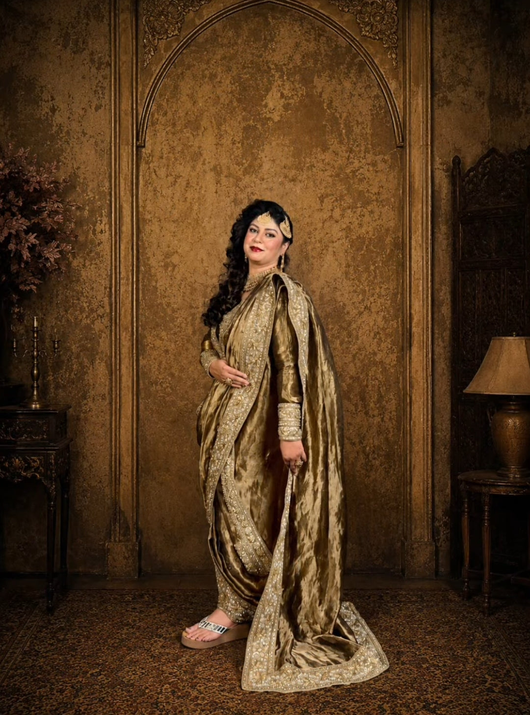 Antique silk tissue kurta dhoti suit with a wrap around saree