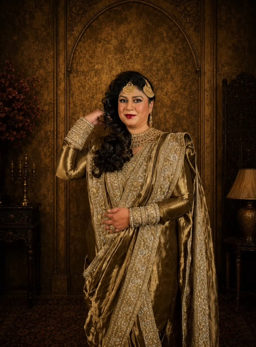 Antique silk tissue kurta dhoti suit with a wrap around saree