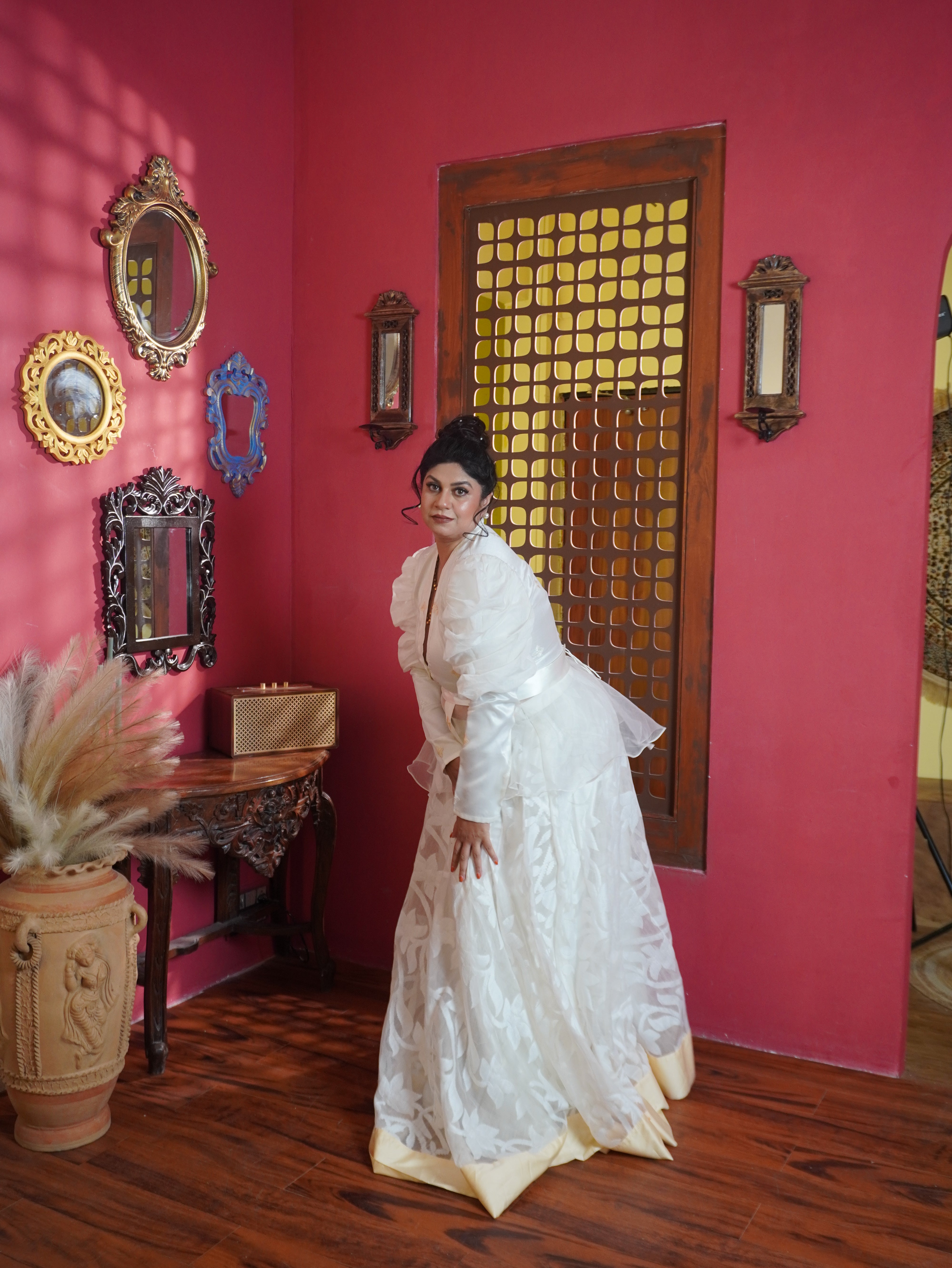 White and Beige Jamdani Skirt and Top