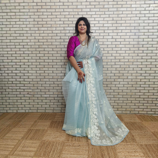 Sky Blue Glass Tissue Organza Saree