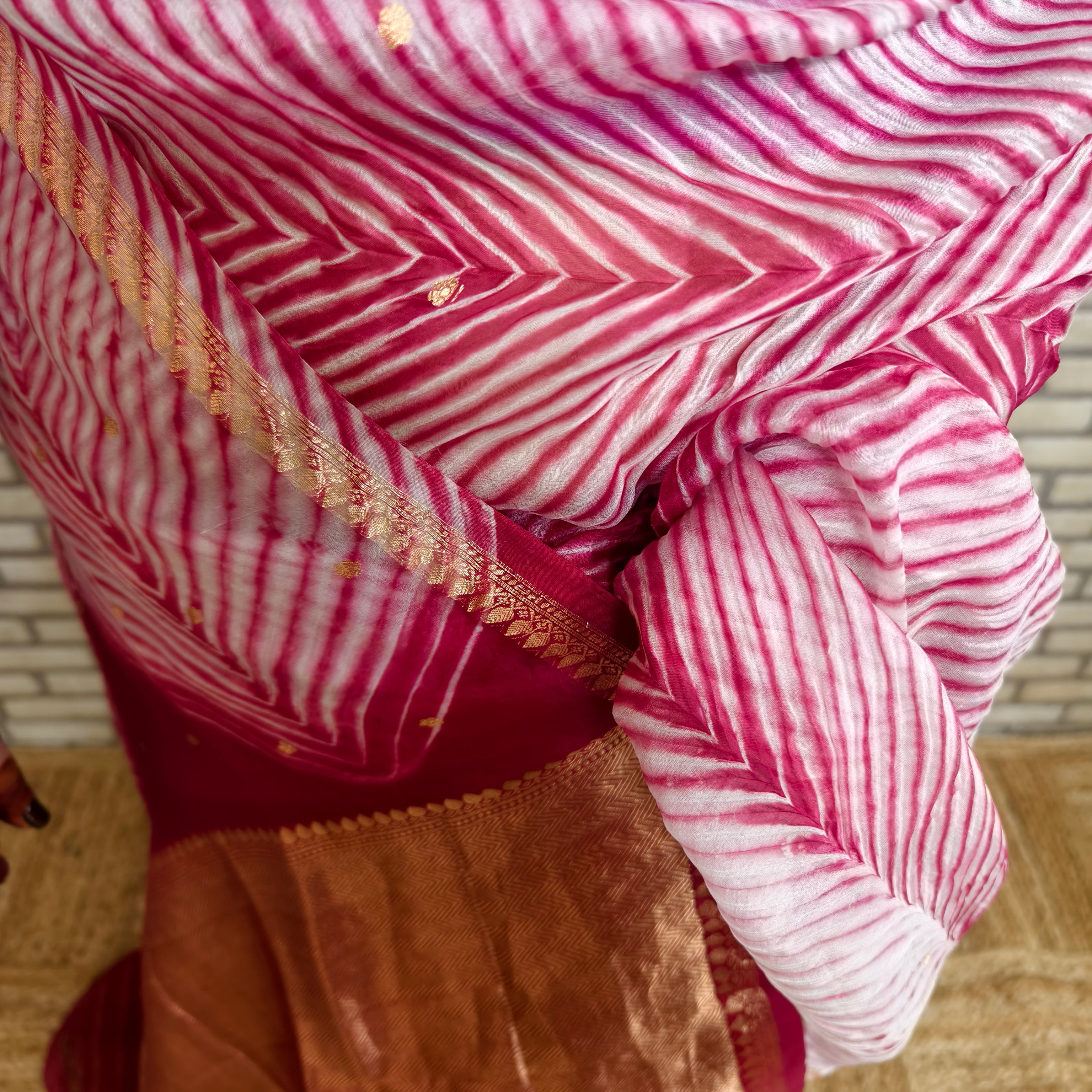 White and Pinkish Red Arasi Dyed Silk Organza Saree