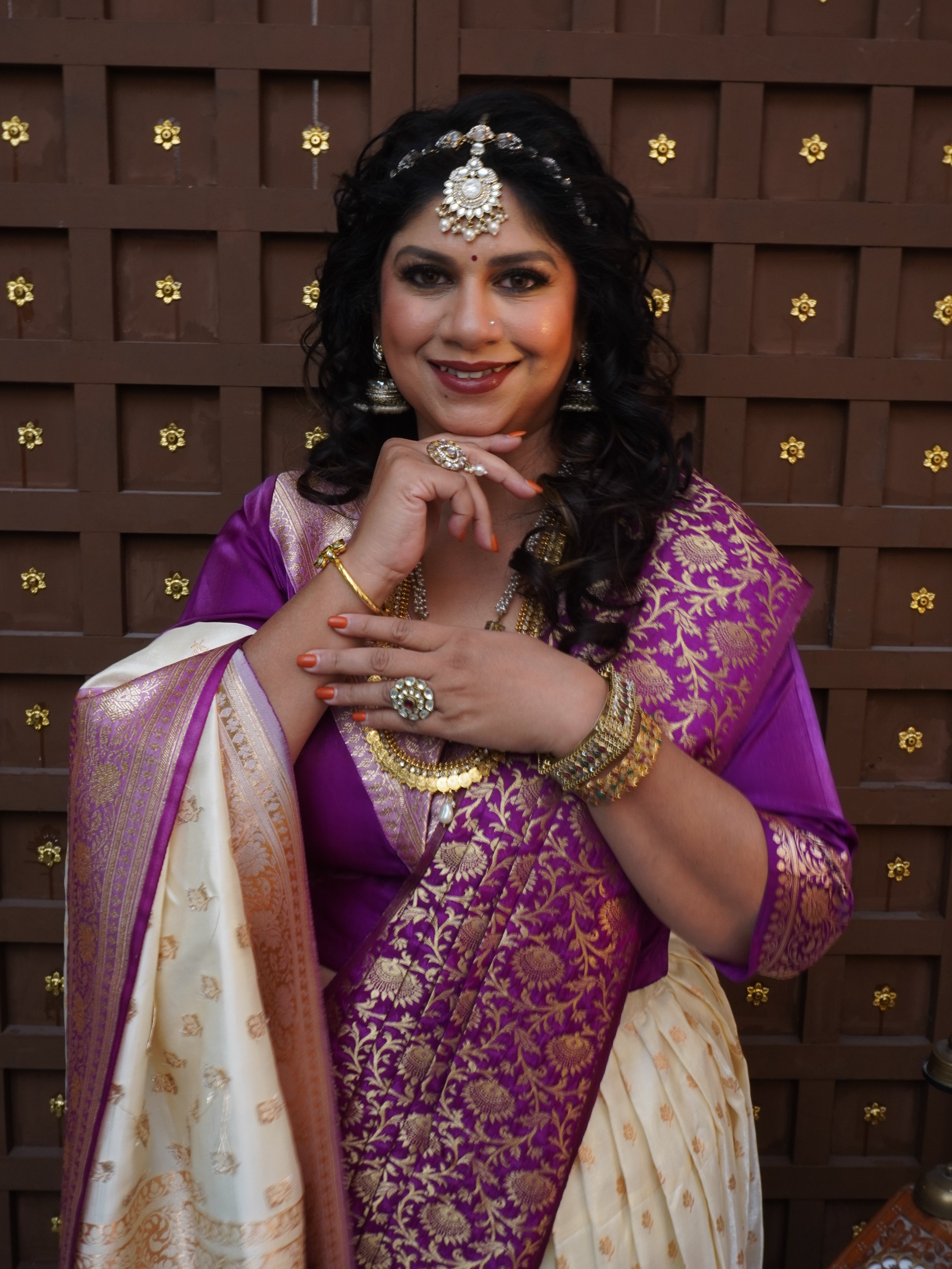 Purple Brocade and Beige Semi Silk Upada Ghagra with Purple Brocade Dupatta