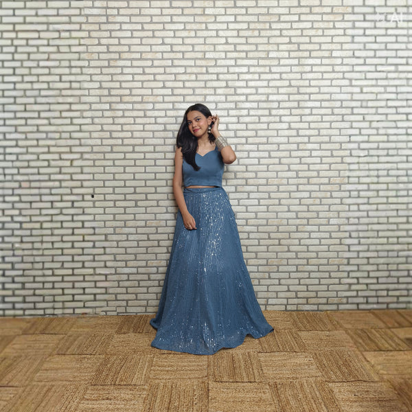 Grey Sequence Ghagra with Plain Blouse