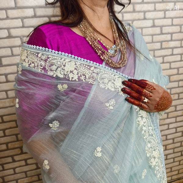 Sky Blue Glass Tissue Organza Saree