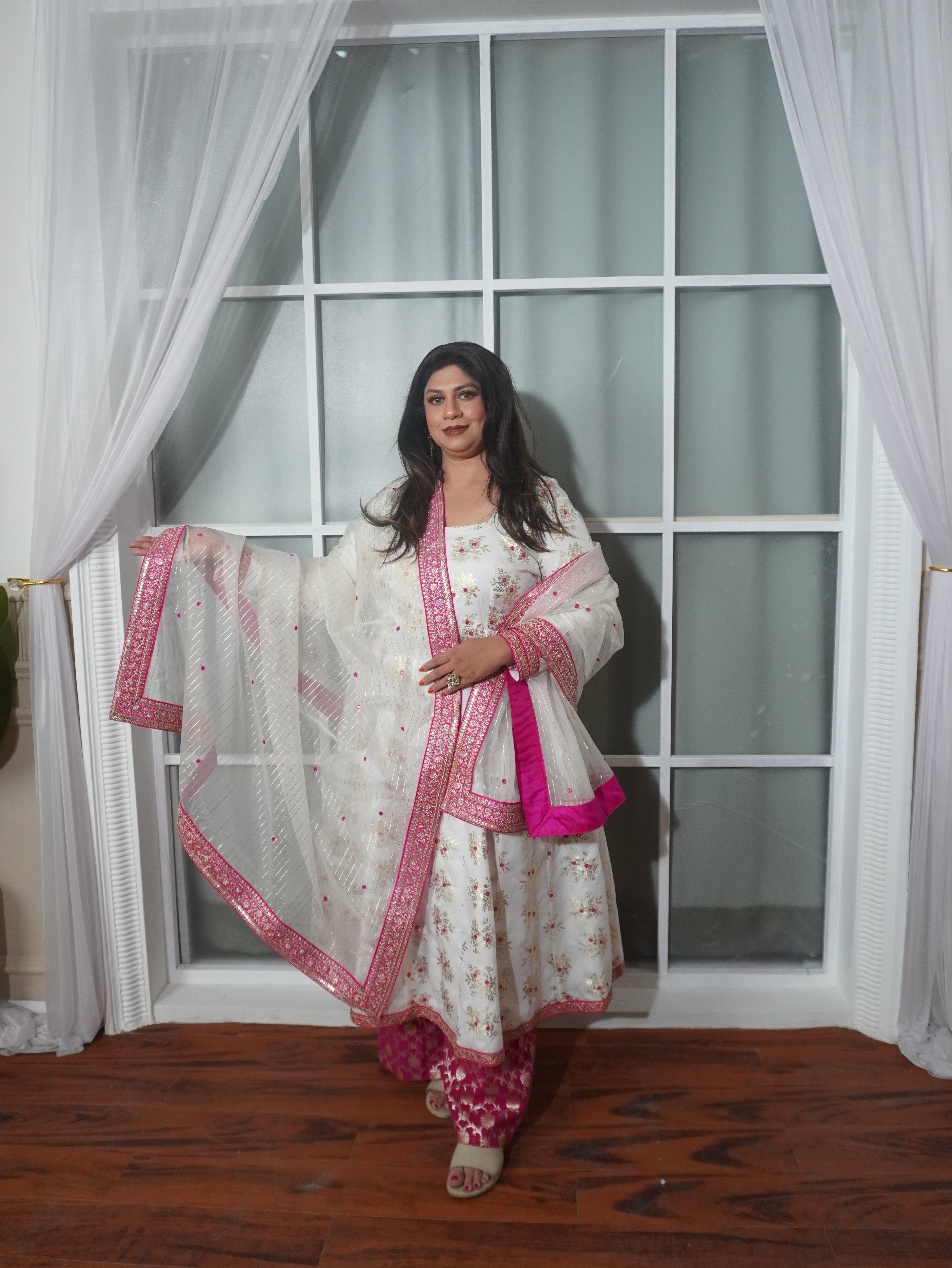Pure Chanderi White and Pink Kurta Palazzo Set