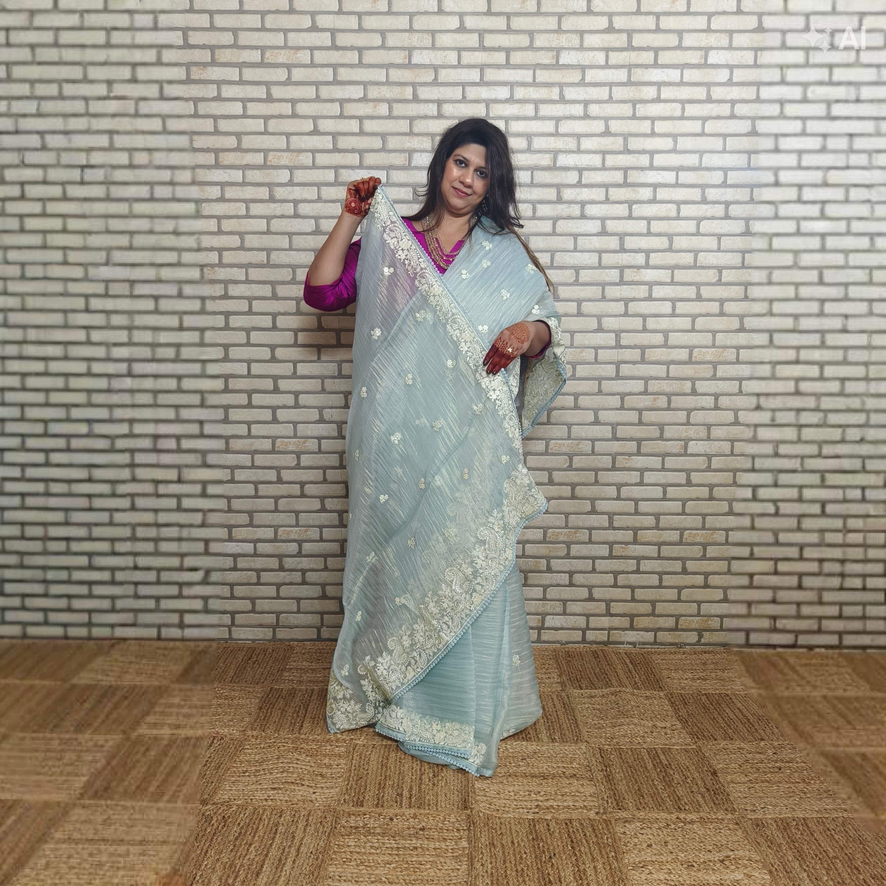 Sky Blue Glass Tissue Organza Saree
