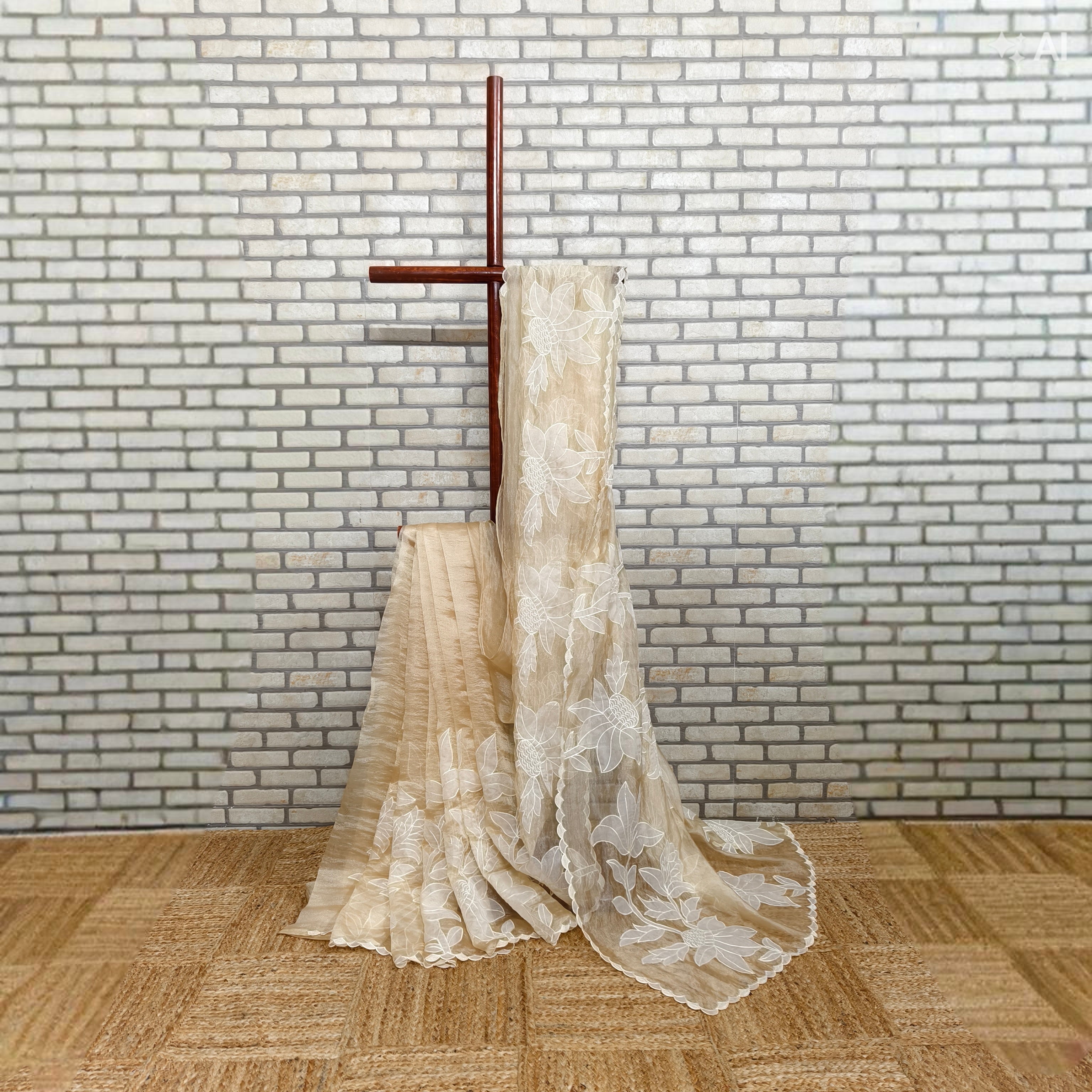 Beige Golden Tissue Organza Saree