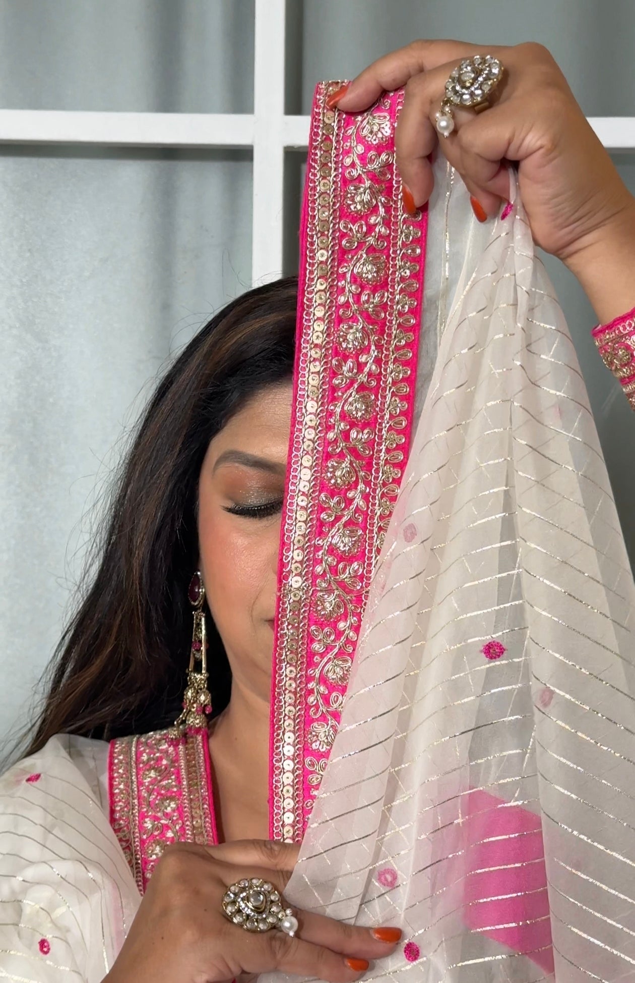 Pure Chanderi White and Pink Kurta Palazzo Set