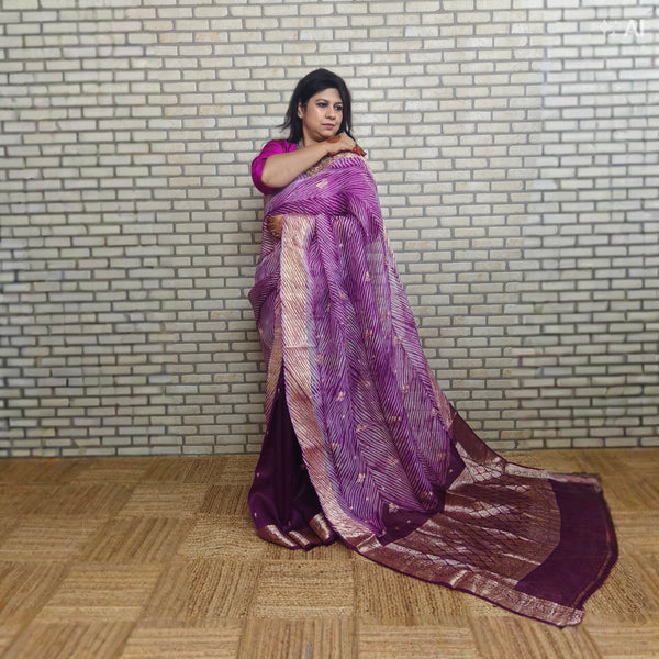 White and Purple Arasi Dyed Silk Organza Saree