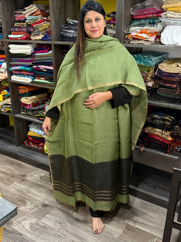 Green and Black Linen Kurta Dupatta Set