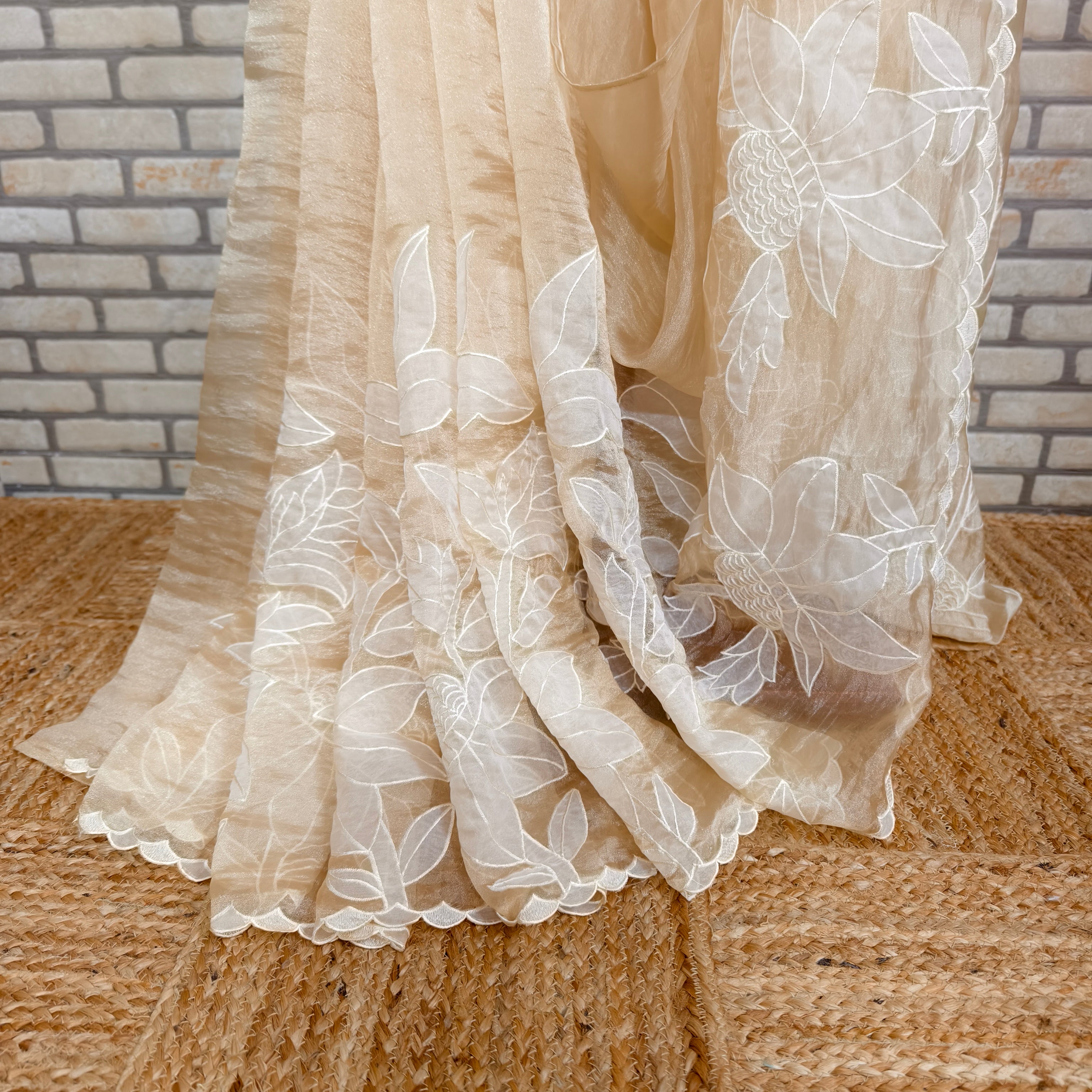 Beige Golden Tissue Organza Saree
