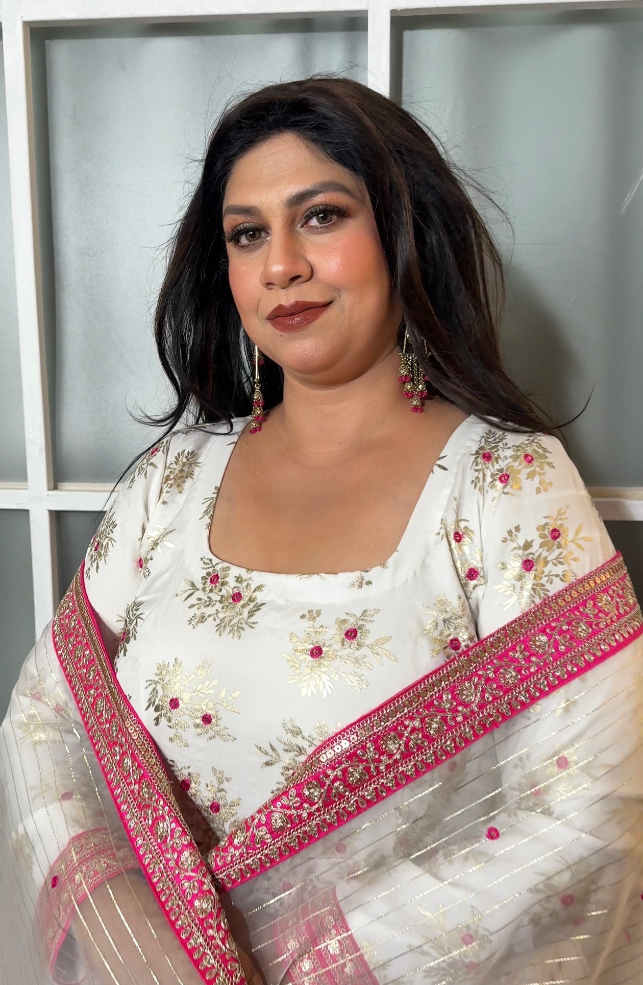 Pure Chanderi White and Pink Kurta Palazzo Set