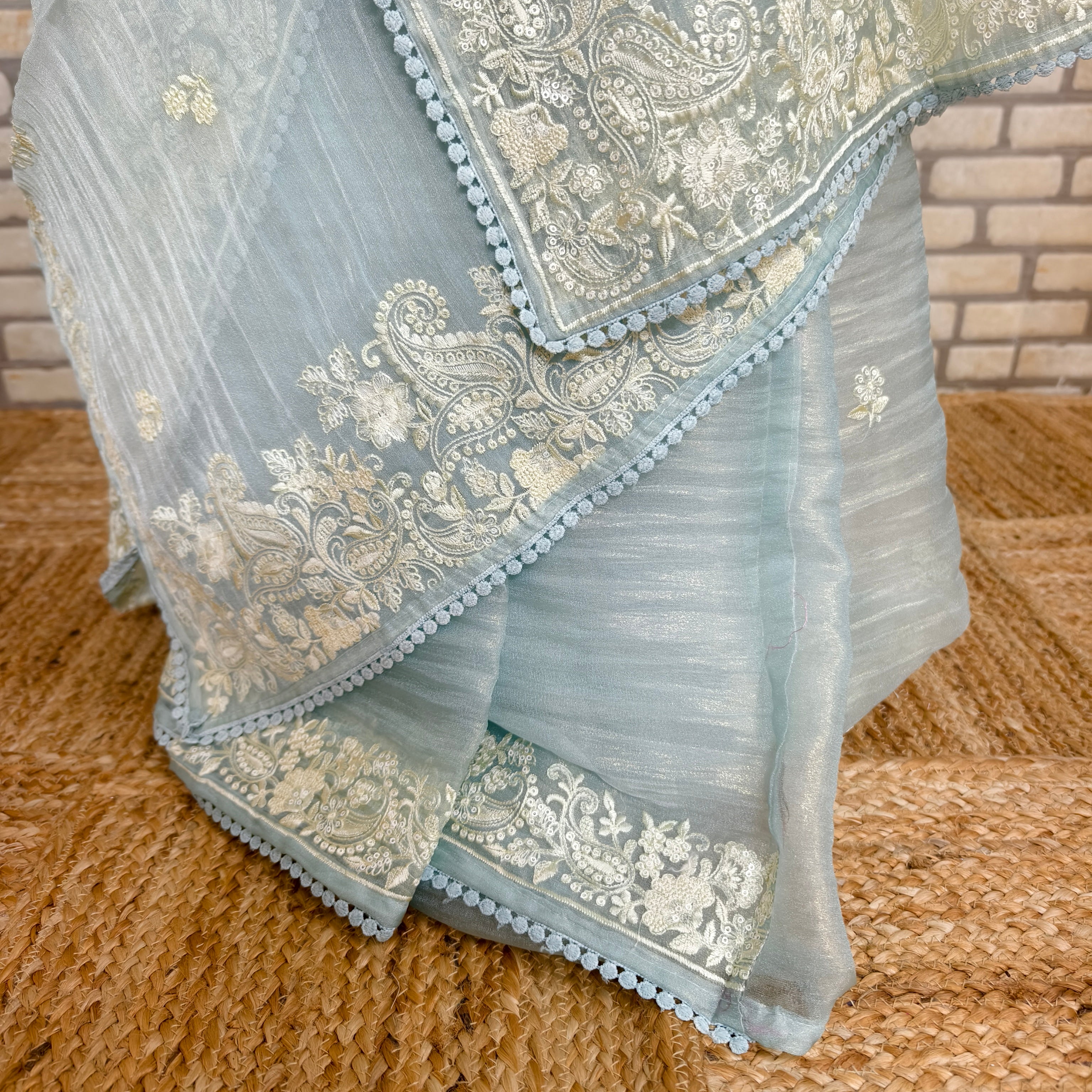 Sky Blue Glass Tissue Organza Saree